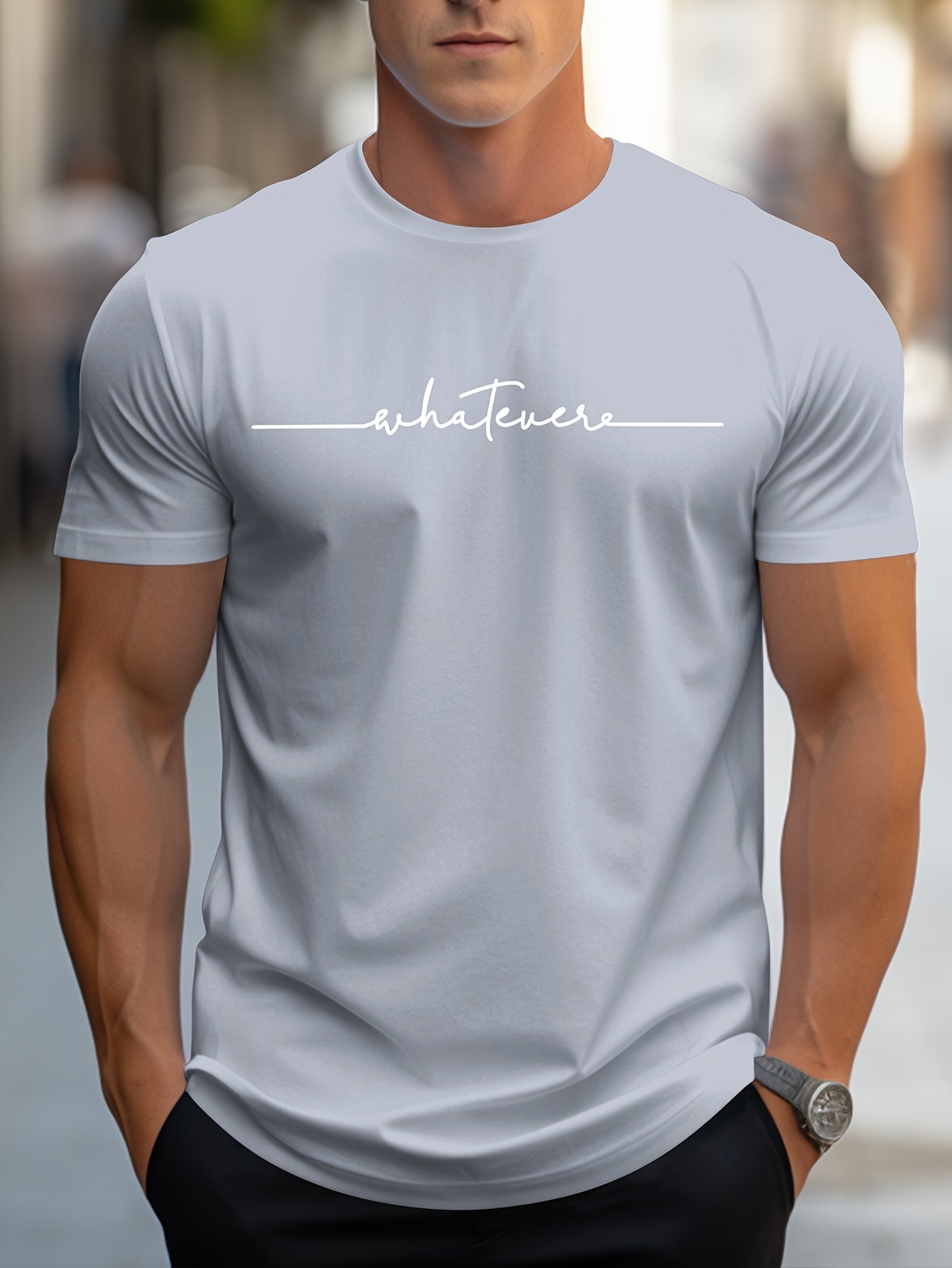 Men's English Art Print Crew Neck T-Shirt, Minimalist Lettering! Stylish Handwritten Alphabet Short Sleeve Casual Essential! Low-Key Sophisticated! Lazy Style! Handwritten Letter Print Tee