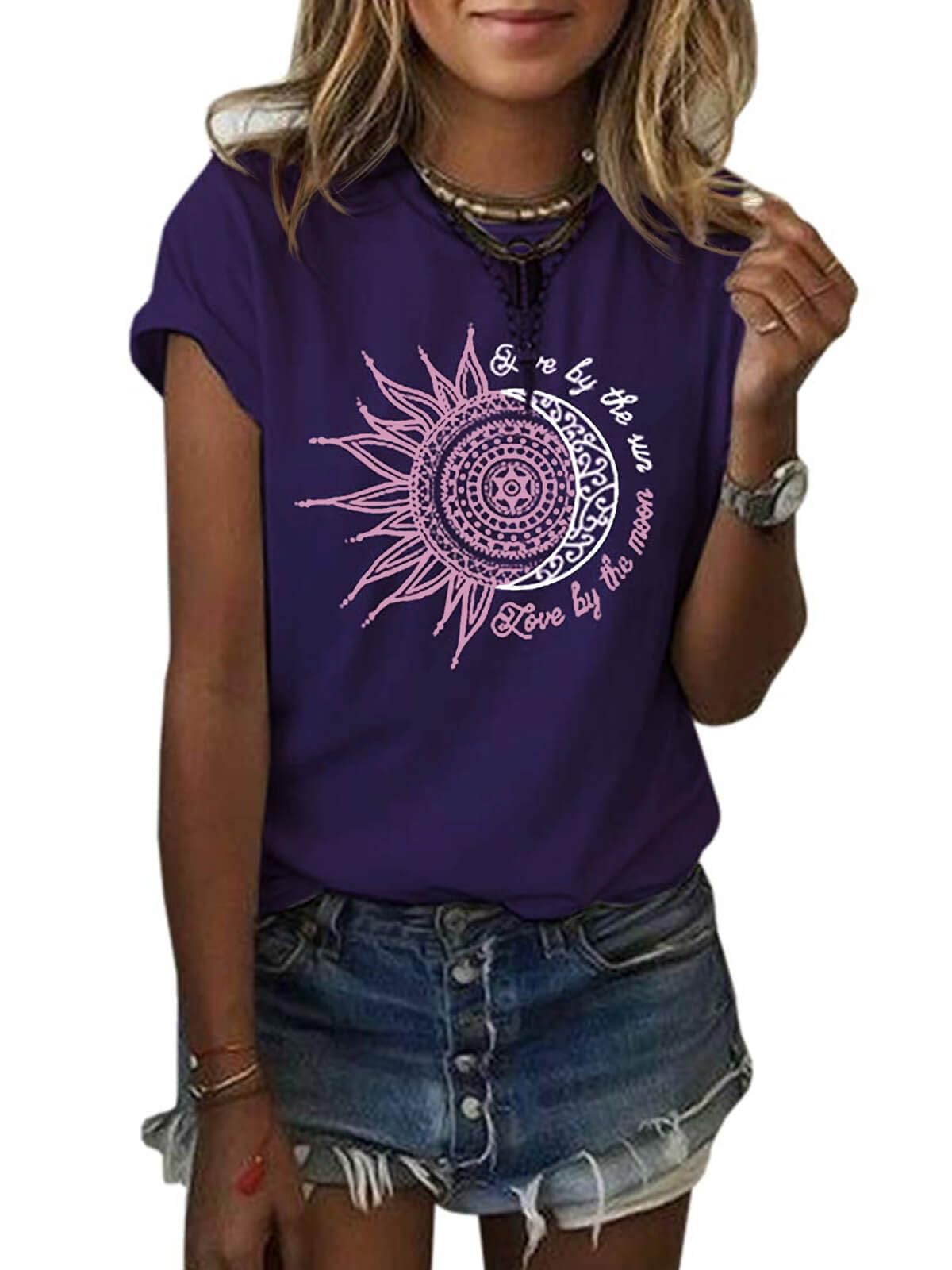 MaQiYa Womens Graphic Tees Summer Vintage Short Sleeve Cotton Moon and Sun Printed T Shirts Tops