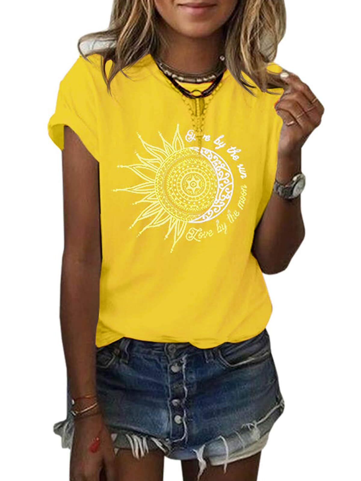 MaQiYa Womens Graphic Tees Summer Vintage Short Sleeve Cotton Moon and Sun Printed T Shirts Tops