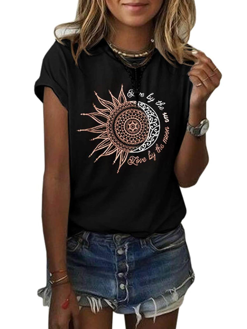 MaQiYa Womens Graphic Tees Summer Vintage Short Sleeve Cotton Moon and Sun Printed T Shirts Tops