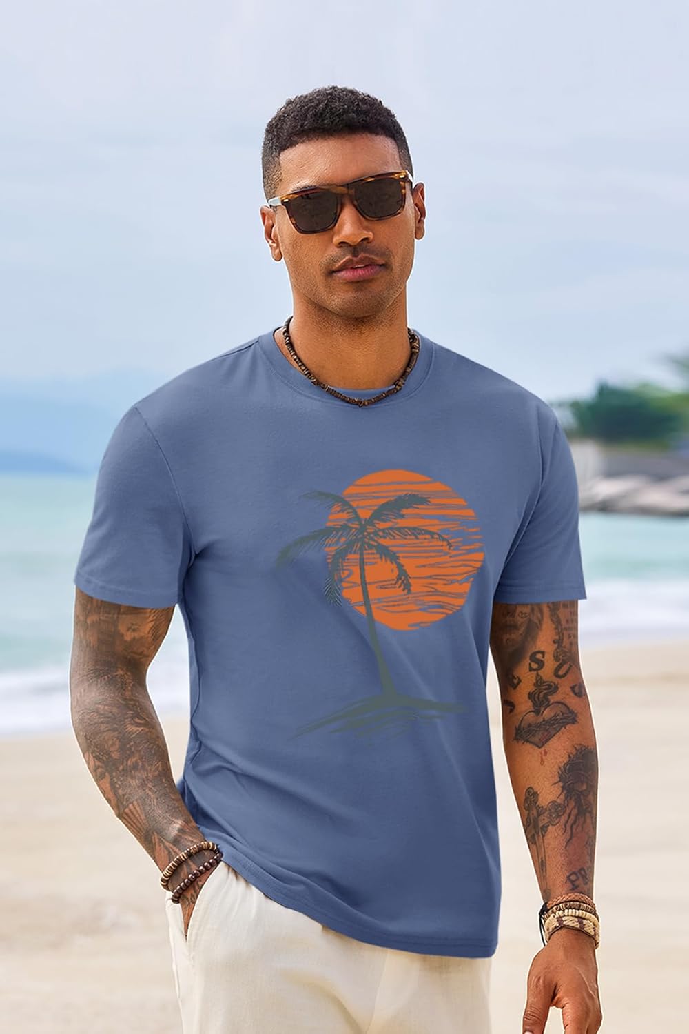 Runcati Mens Short Sleeve T-Shirts Graphic Crew Neck Casual Shirt Summer Beach Palm Tree Printed Vintage Hawaiian Tees