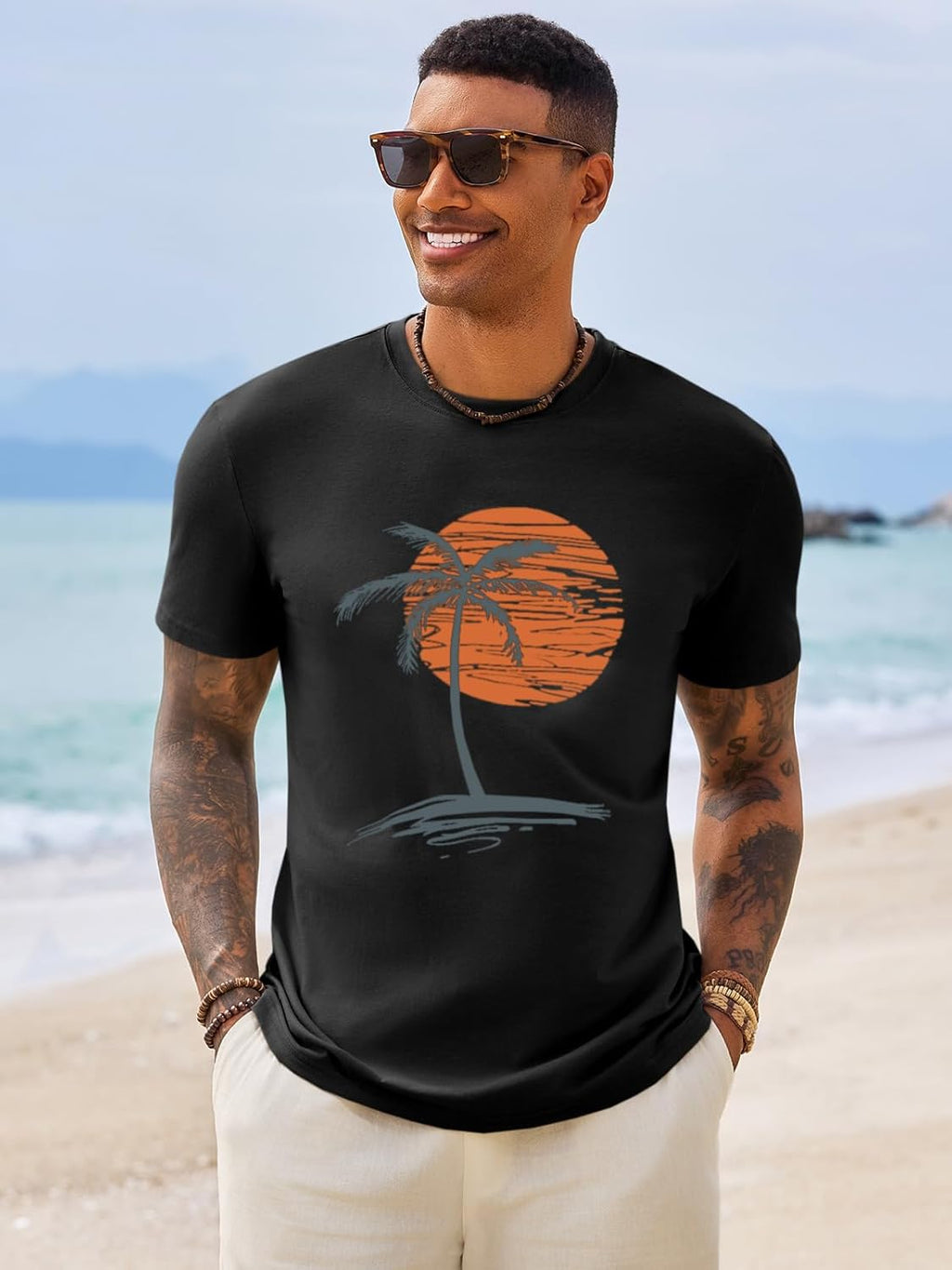 Runcati Mens Short Sleeve T-Shirts Graphic Crew Neck Casual Shirt Summer Beach Palm Tree Printed Vintage Hawaiian Tees