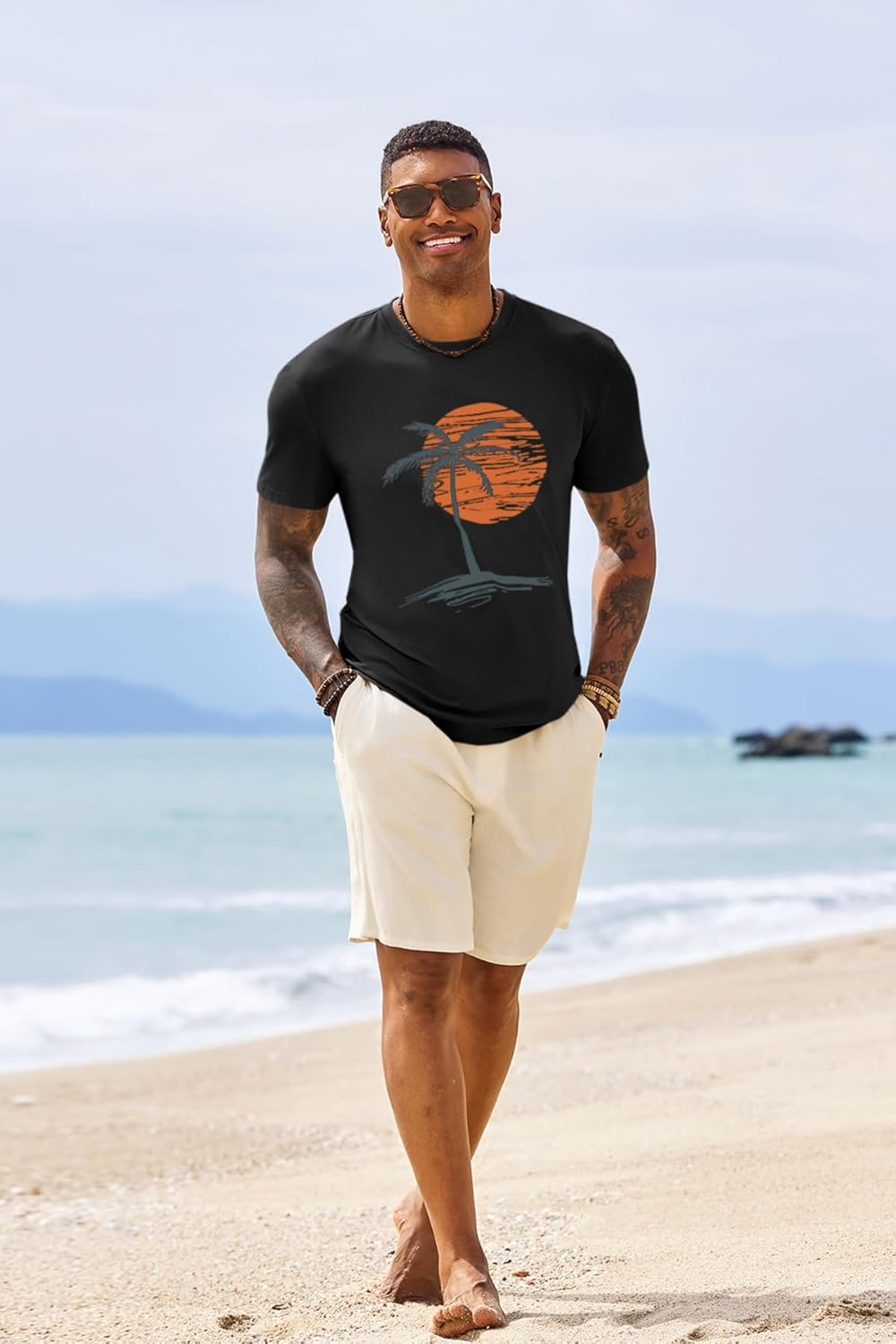Runcati Mens Short Sleeve T-Shirts Graphic Crew Neck Casual Shirt Summer Beach Palm Tree Printed Vintage Hawaiian Tees