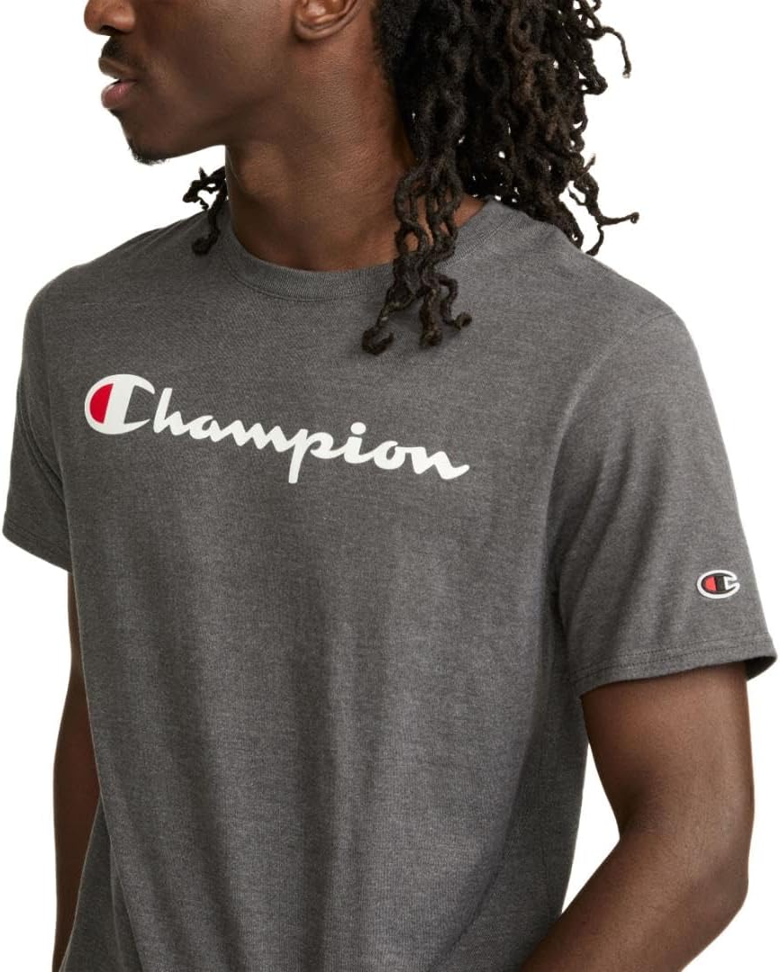Champion Men's Graphic Short Sleeve T-Shirt, Standard Fit, Classic Script Logo, Midweight 100% Cotton
