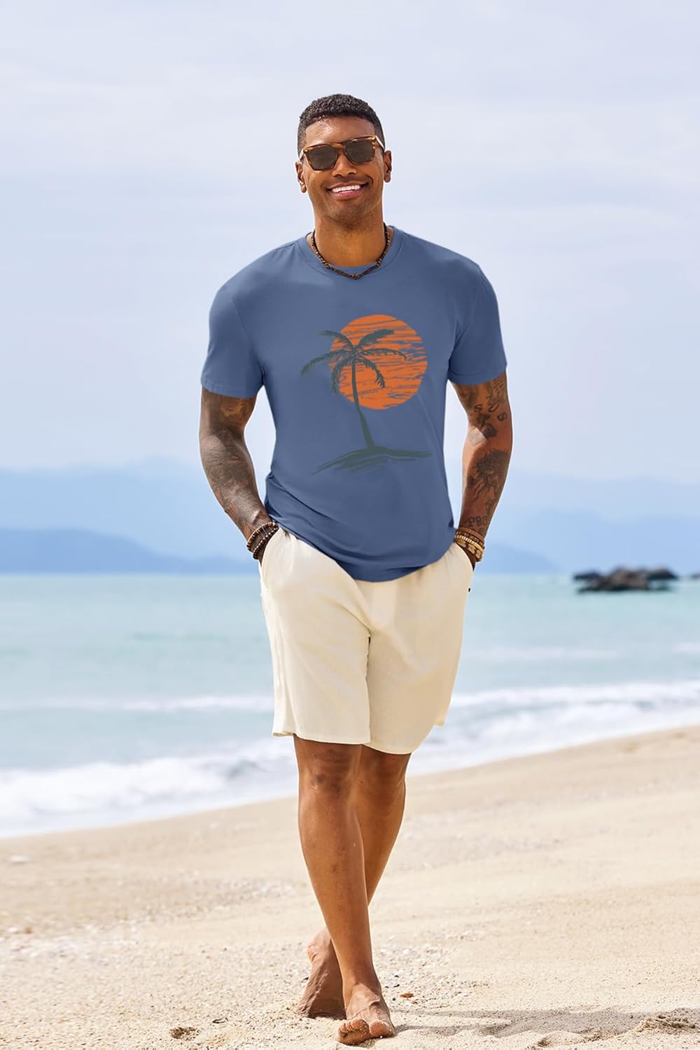 Runcati Mens Short Sleeve T-Shirts Graphic Crew Neck Casual Shirt Summer Beach Palm Tree Printed Vintage Hawaiian Tees