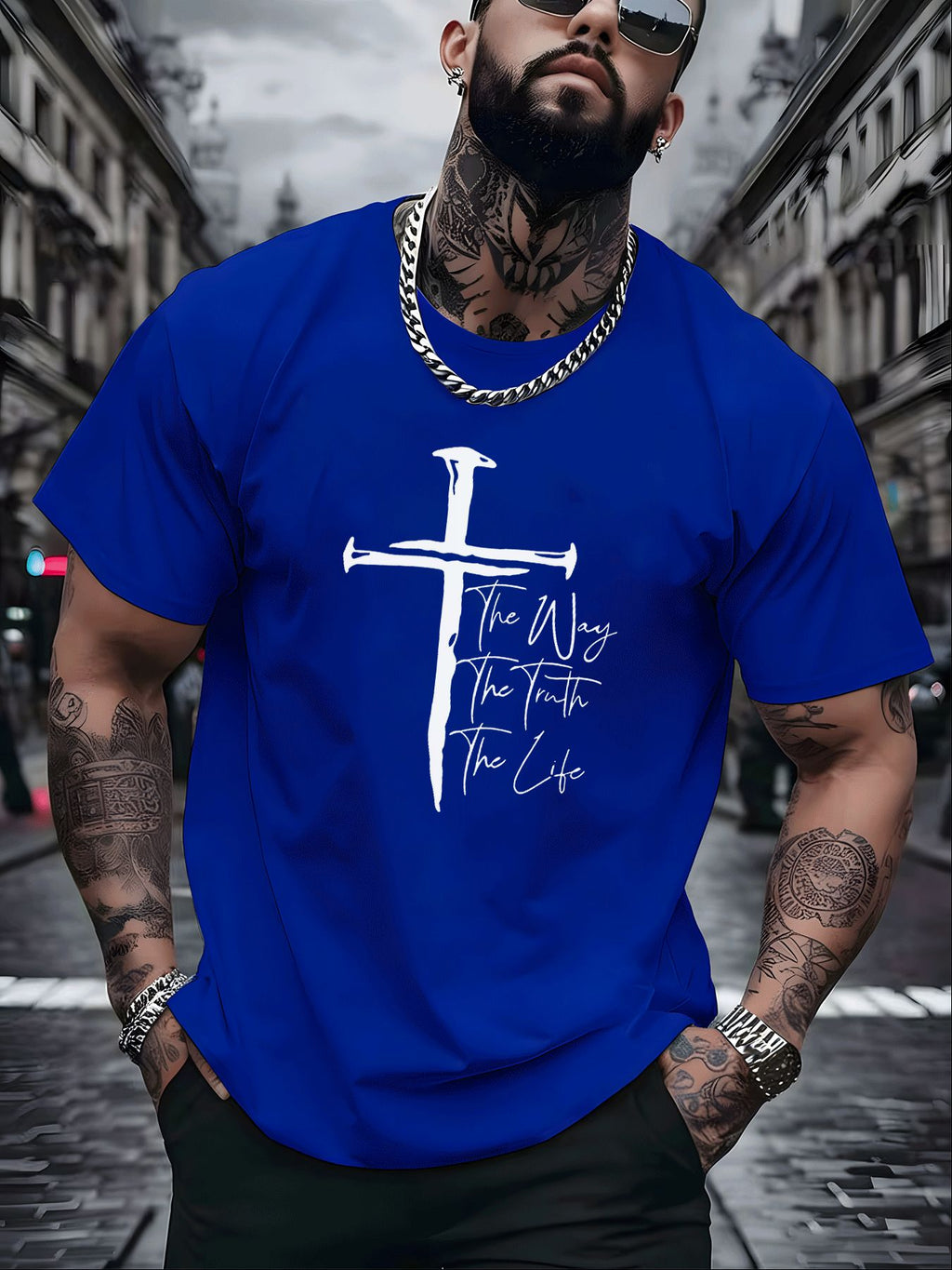 Classic Christian Graphic Tee with White Cross The Way The Truth The Life Print Men'S Fashion Street Style Casual Wear Adults Men Daily Outfit