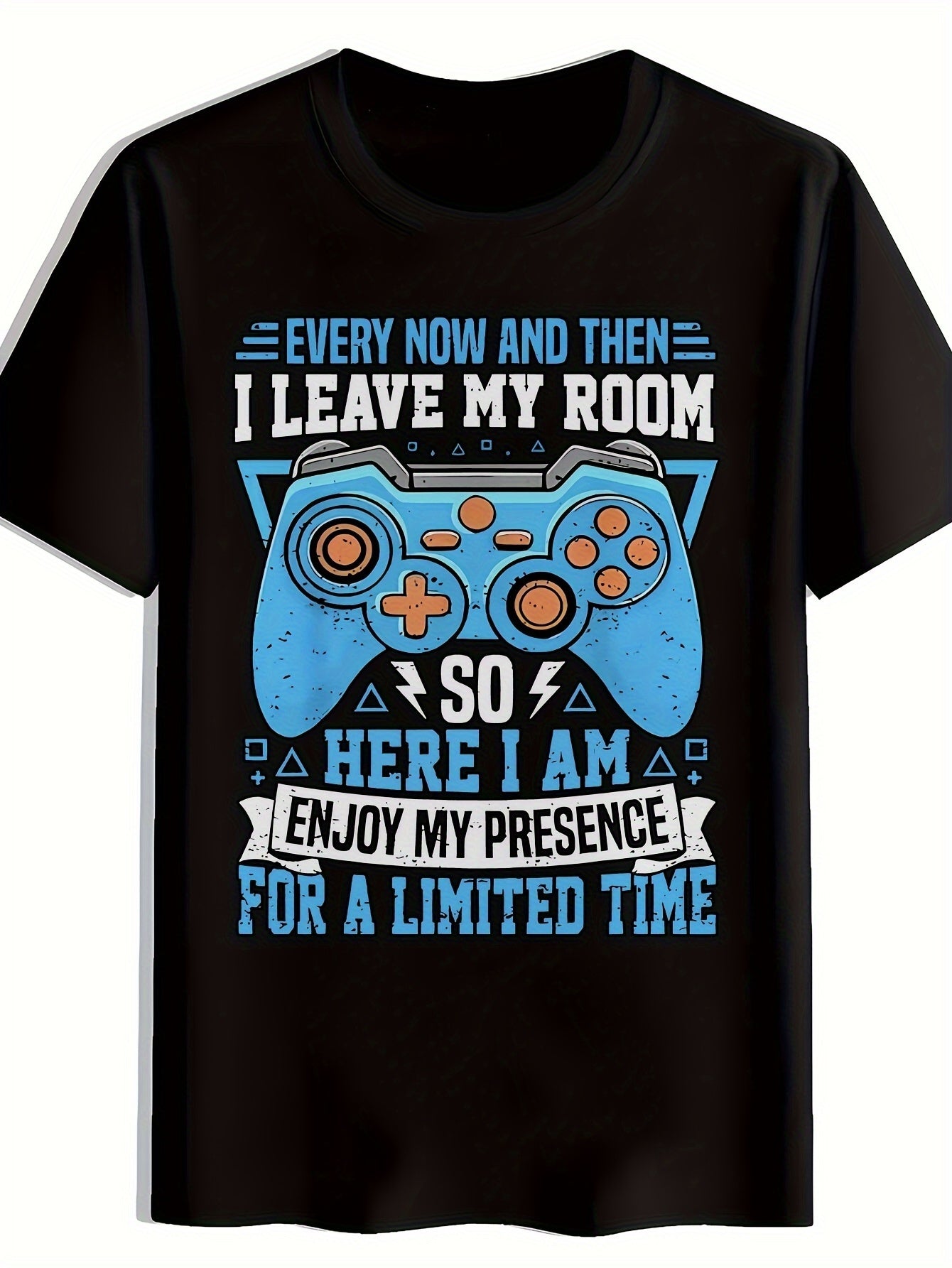 Game Controller Blue Print T-Shirt, Summer, Versatile, Athletic, Trendy T-Shirt, Round Neck Short Sleeve Top, Casual Daily Wear, Men'S Clothing