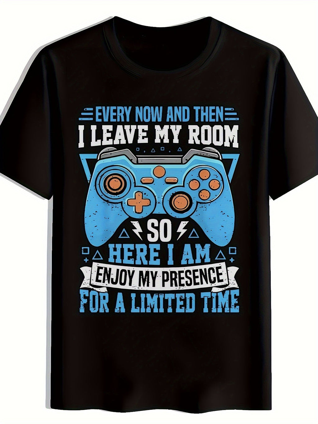 Game Controller Blue Print T-Shirt, Summer, Versatile, Athletic, Trendy T-Shirt, Round Neck Short Sleeve Top, Casual Daily Wear, Men'S Clothing
