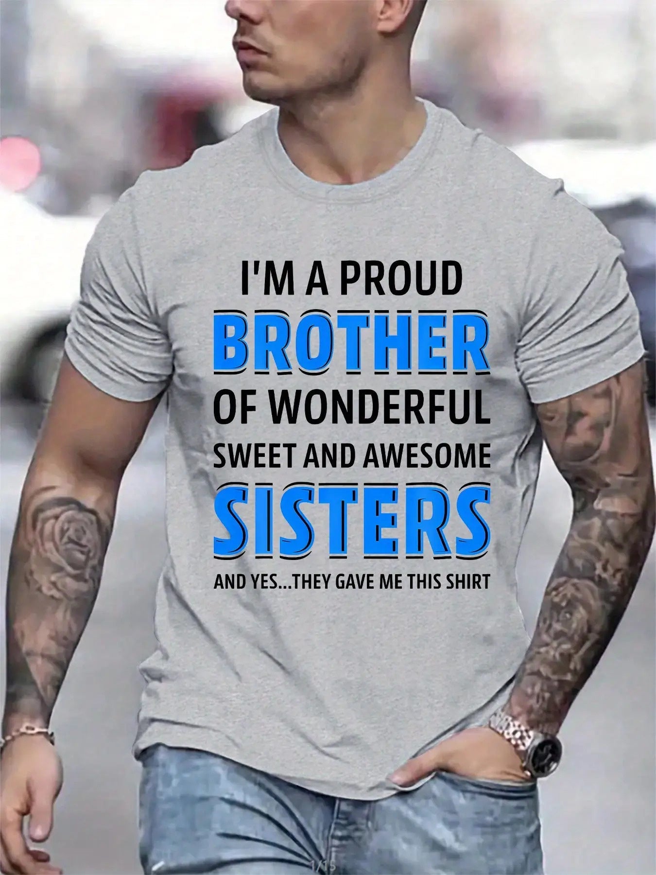 Men's 'Proud Sister and Brother' Graphic T-Shirt- Casual Short Sleeve Crew Neck Summer Top, Spring Outdoor Wear, Machine Washable Regular Fit, Bold Blue Letter Design, Breathable Comfortable Fabric