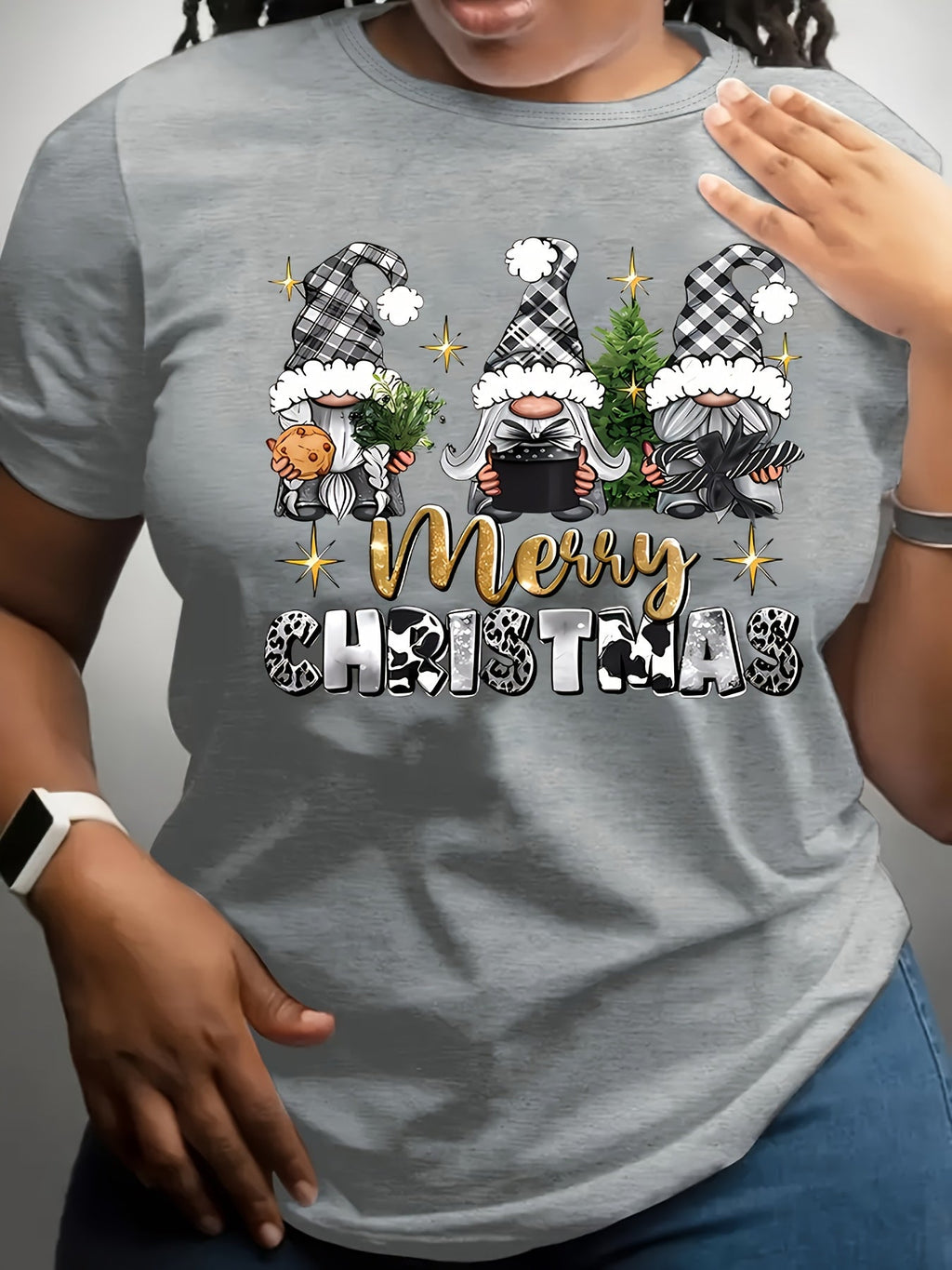Plus Size Women's Casual Christmas Graphic T-Shirt - Festive Gnome & Merry Christmas Letter Print, Soft Short Sleeve Round Neck Tee for Holiday Parties & Casual Attire, Relaxed Fit Tee, Machine Washable Shirt