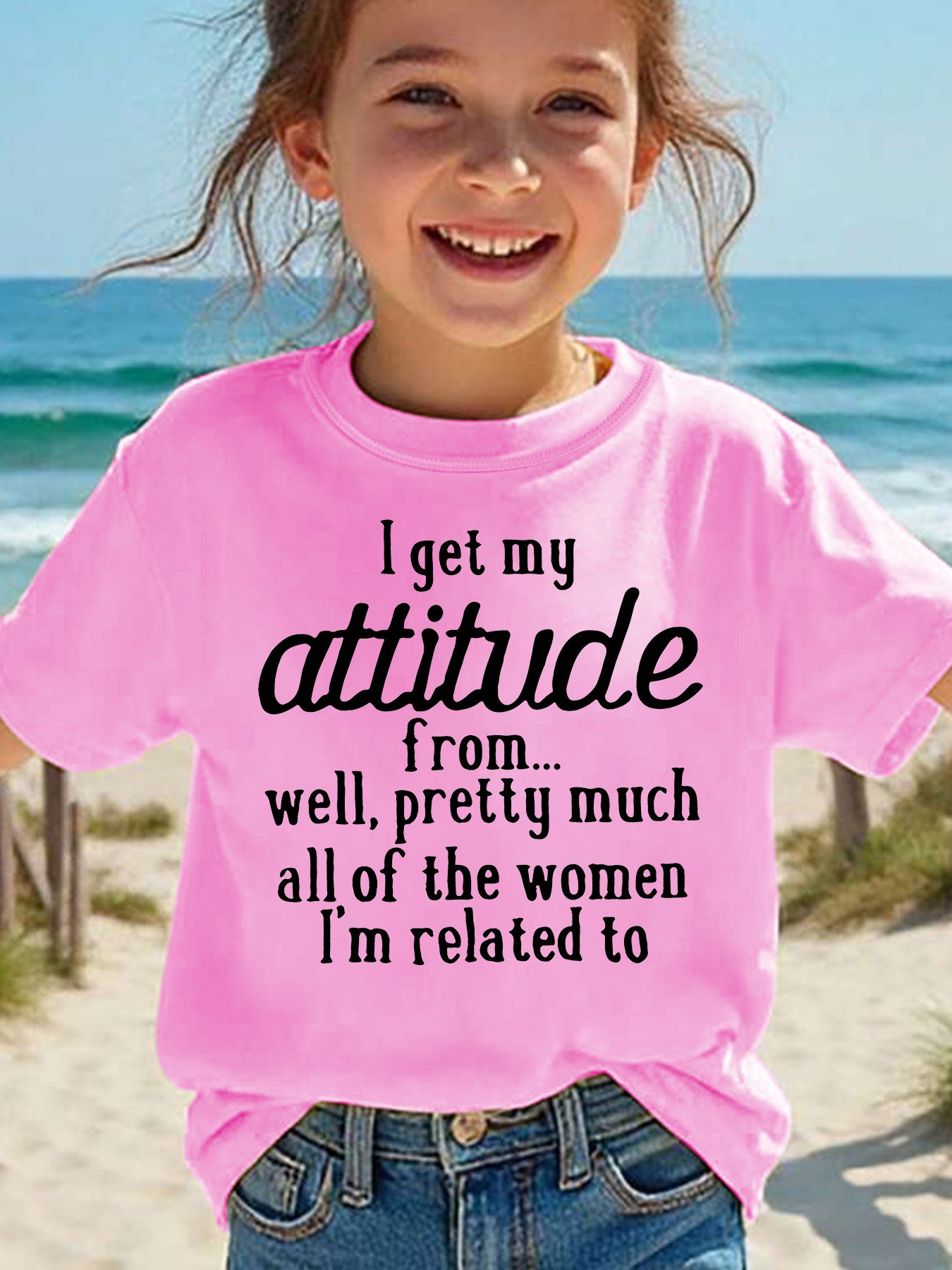 Summer Fashion Girls' Short Sleeve T-Shirt "I Get My Attitude From..." Letter Print Casual Versatile Top
