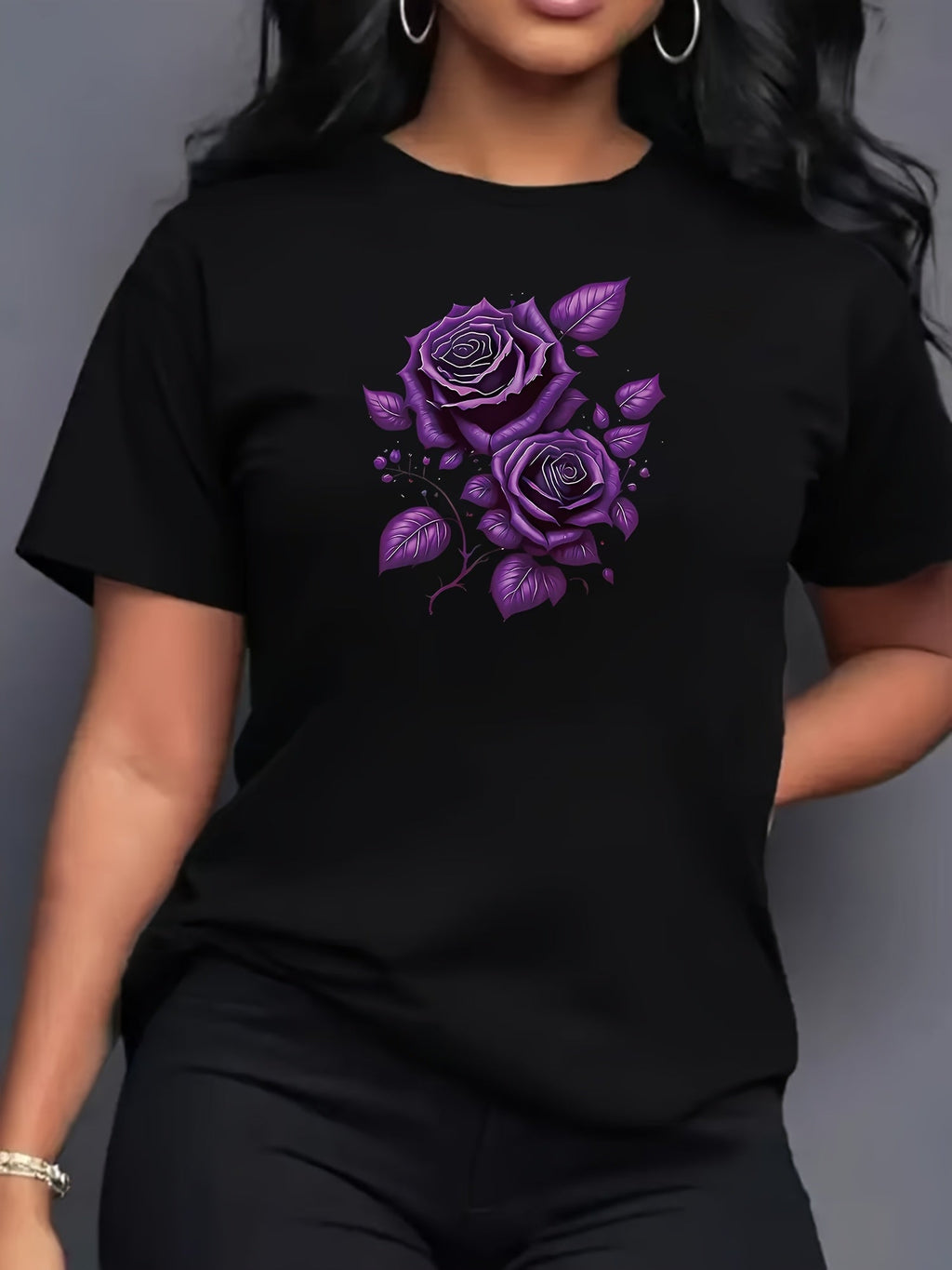 Purple Rose Pattern Printed Comfortable Women'S Short-Sleeve T-Shirt, Sports T-Shirt with Print, Women'S T-Shirt Design, Women'S Top
