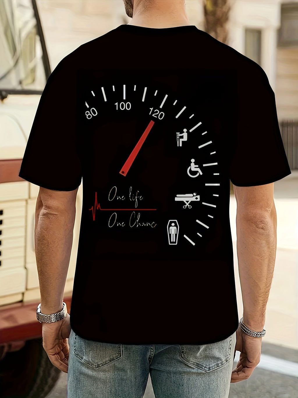 Men's Novelty Car Dashboard Graphic Tee - Casual Black Polyester T-Shirt with 3D Speedometer Print, Round Neck, Short Sleeves - Perfect for Summer Wear, Retro T Shirt