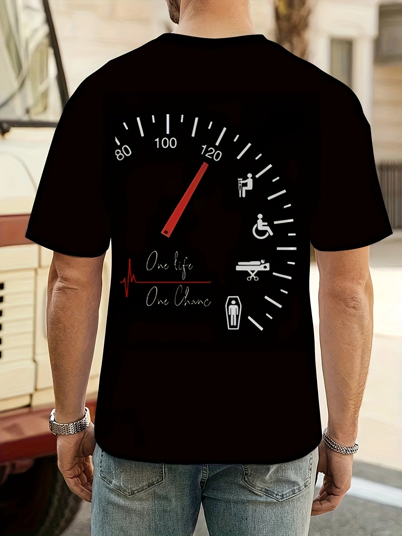 Men's Novelty Car Dashboard Graphic Tee - Casual Black Polyester T-Shirt with 3D Speedometer Print, Round Neck, Short Sleeves - Perfect for Summer Wear, Retro T Shirt