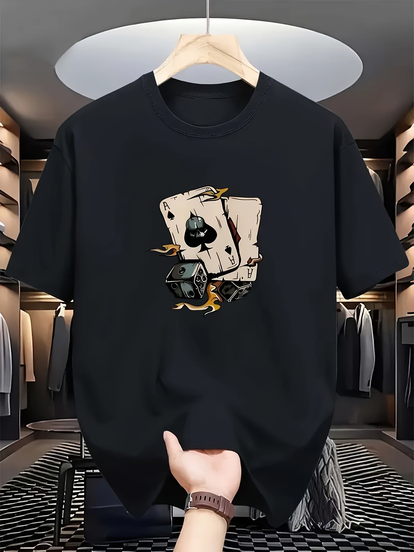 Men's Fashion Printed T-Shirt with Perfect Combination of Poker Cards and Dice Design