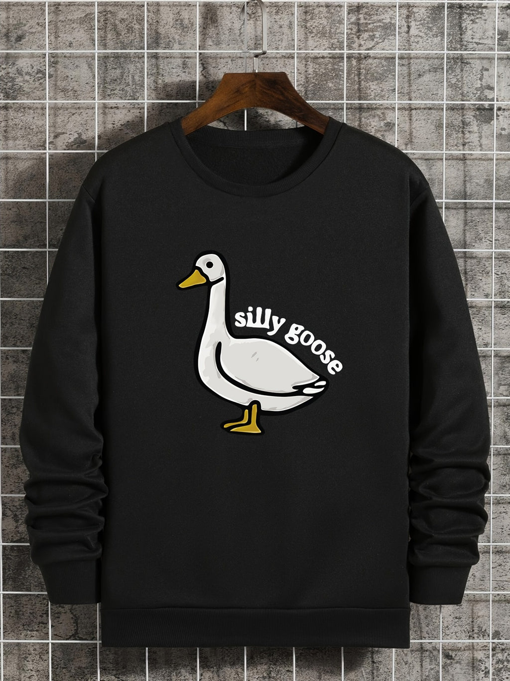 Silly Goose Print Crew Neck Fleece Sweatshirt Warm Pullover For Men Solid Color Sweatshirts For Winter Fall Long Sleeve Tops