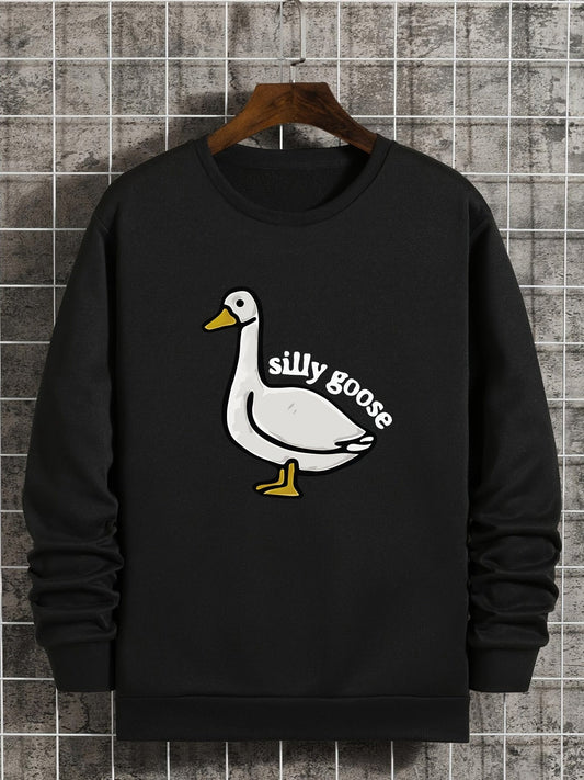 Silly Goose Print Crew Neck Fleece Sweatshirt Warm Pullover For Men Solid Color Sweatshirts For Winter Fall Long Sleeve Tops
