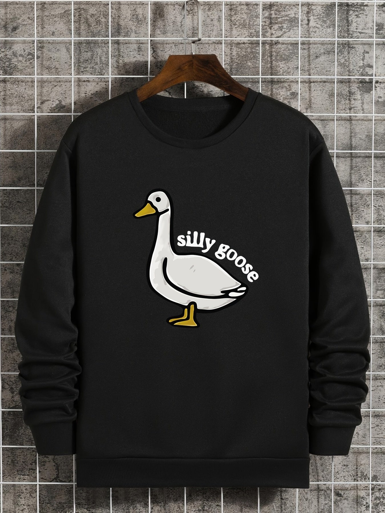 Silly Goose Print Crew Neck Fleece Sweatshirt Warm Pullover For Men Solid Color Sweatshirts For Winter Fall Long Sleeve Tops