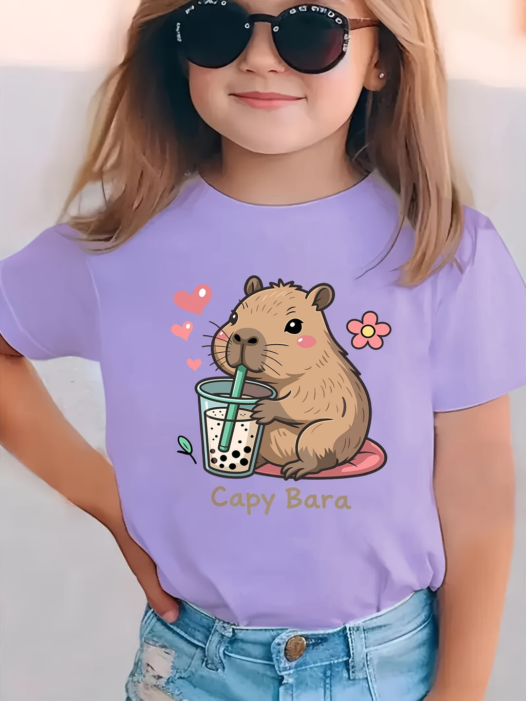 Summer Fashion Short-Sleeve T-Shirt for Girls Featuring a Capybara with Heart Flowers And a Milk Tea Theme, Casual And Versatile Top NY-DX8830