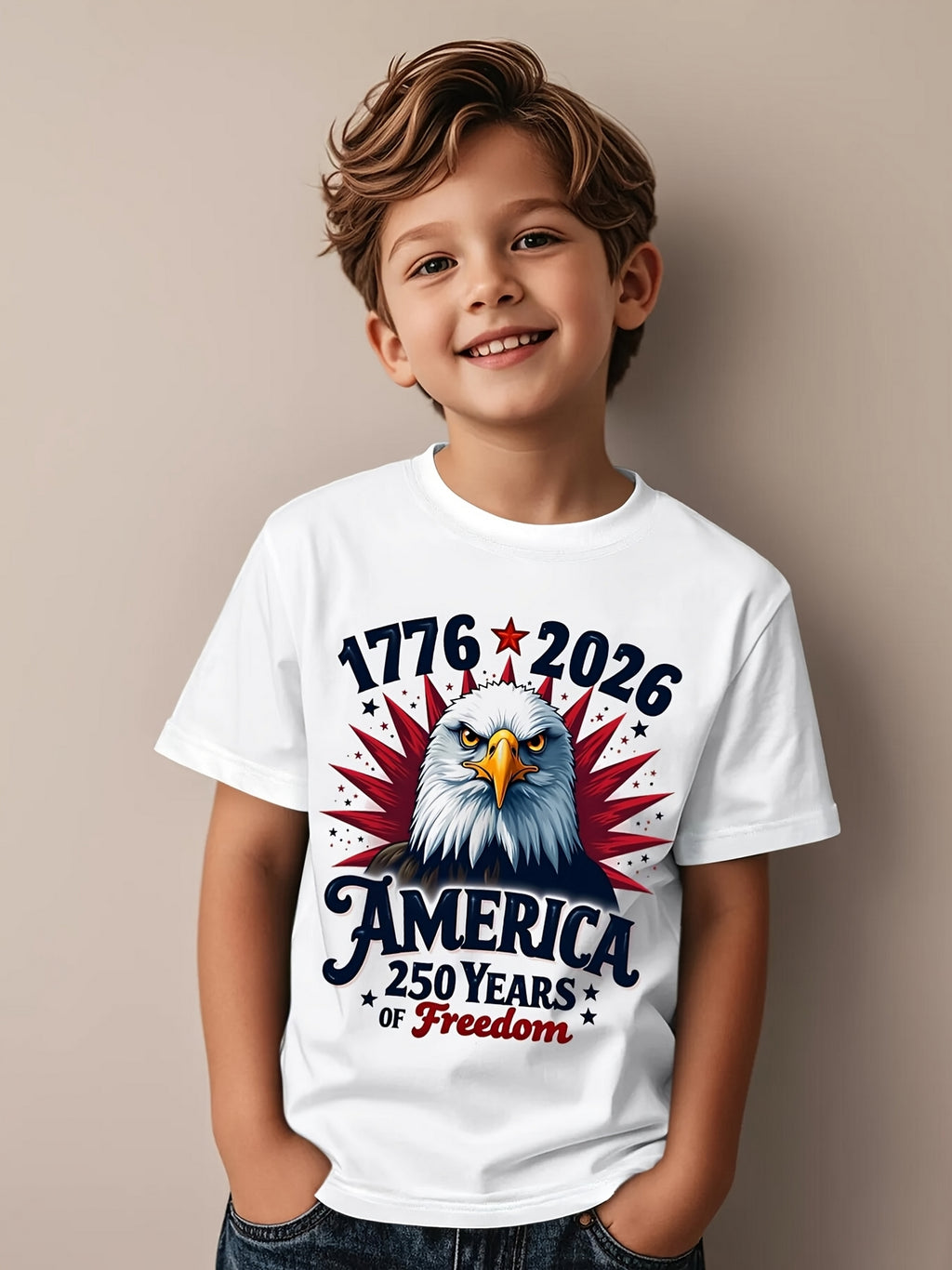 1pc Independence Day Kids' 250 Years Eagle Flag Print Black TShirt, Crew Neck, Casual Cotton Tee, Medium Stretch Knit Fabric, Regular Fit for Boys& Girls Children, 250 Years 17762026 Pattern, for Independence Day, Fourth of July, Memorial Day