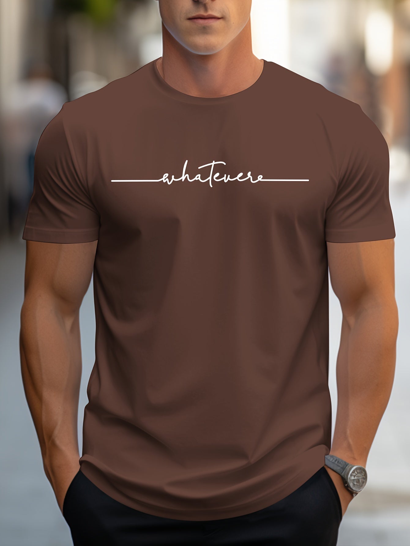 Men's English Art Print Crew Neck T-Shirt, Minimalist Lettering! Stylish Handwritten Alphabet Short Sleeve Casual Essential! Low-Key Sophisticated! Lazy Style! Handwritten Letter Print Tee
