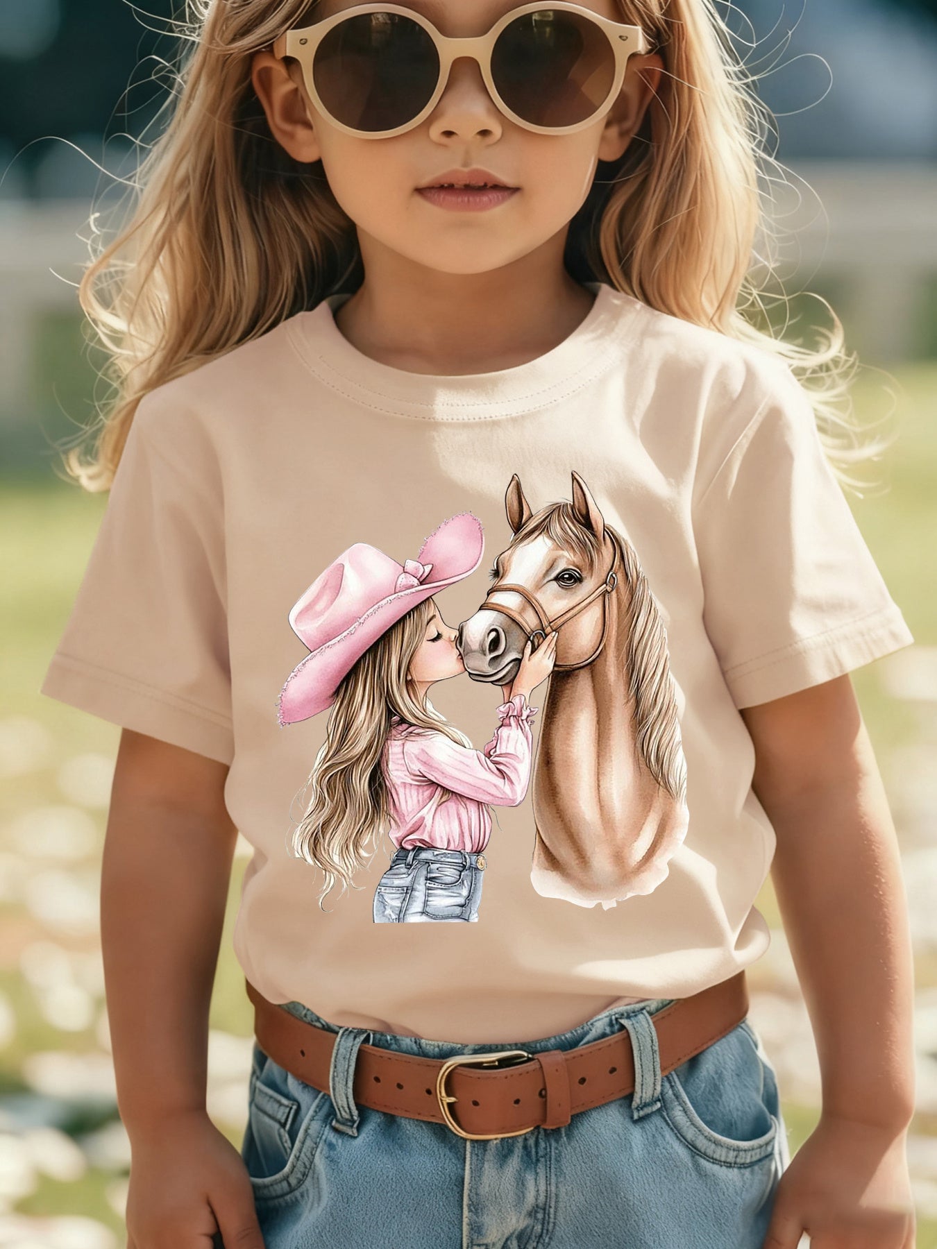 Girls' Summer Short Sleeve T-Shirt with Kissable Horse & Mara' Cartoon Patch - Pink Casual Round Neck Blouse for Equestrian Outfits NY-DX7632