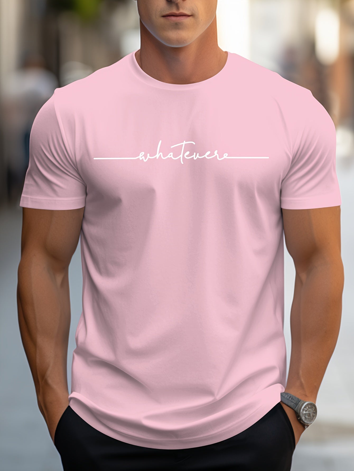 Men's English Art Print Crew Neck T-Shirt, Minimalist Lettering! Stylish Handwritten Alphabet Short Sleeve Casual Essential! Low-Key Sophisticated! Lazy Style! Handwritten Letter Print Tee