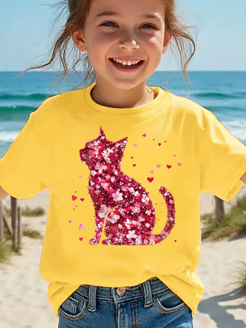 Cute girls' T-shirts, including a cat print T-shirt with faux sequin design, a romantic red floral print T-shirt, a round neck short-sleeved casual top, the perfect choice for summer outings.