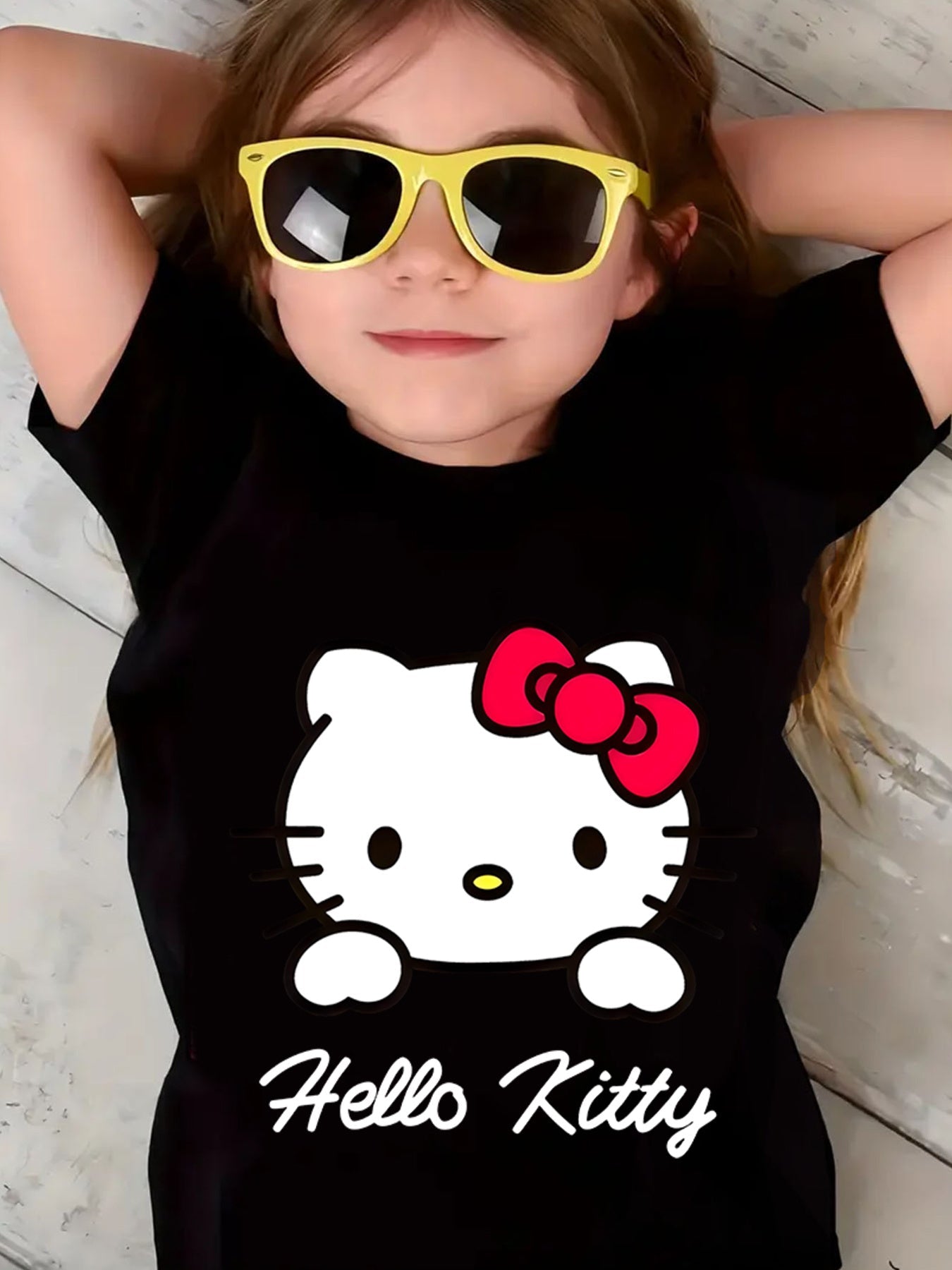 Children's Super Cute Cartoon Hello Kitty Print T-Shirt, Summer Fashion Hit Sanrio Series Round Neck Spliced Short Sleeve Daily Holiday Casual Wear