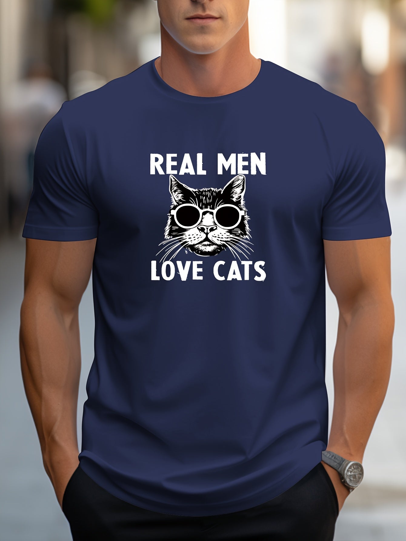 Men's Trendy Hand-Drawn Kitten Print Regular Shoulder T-Shirt