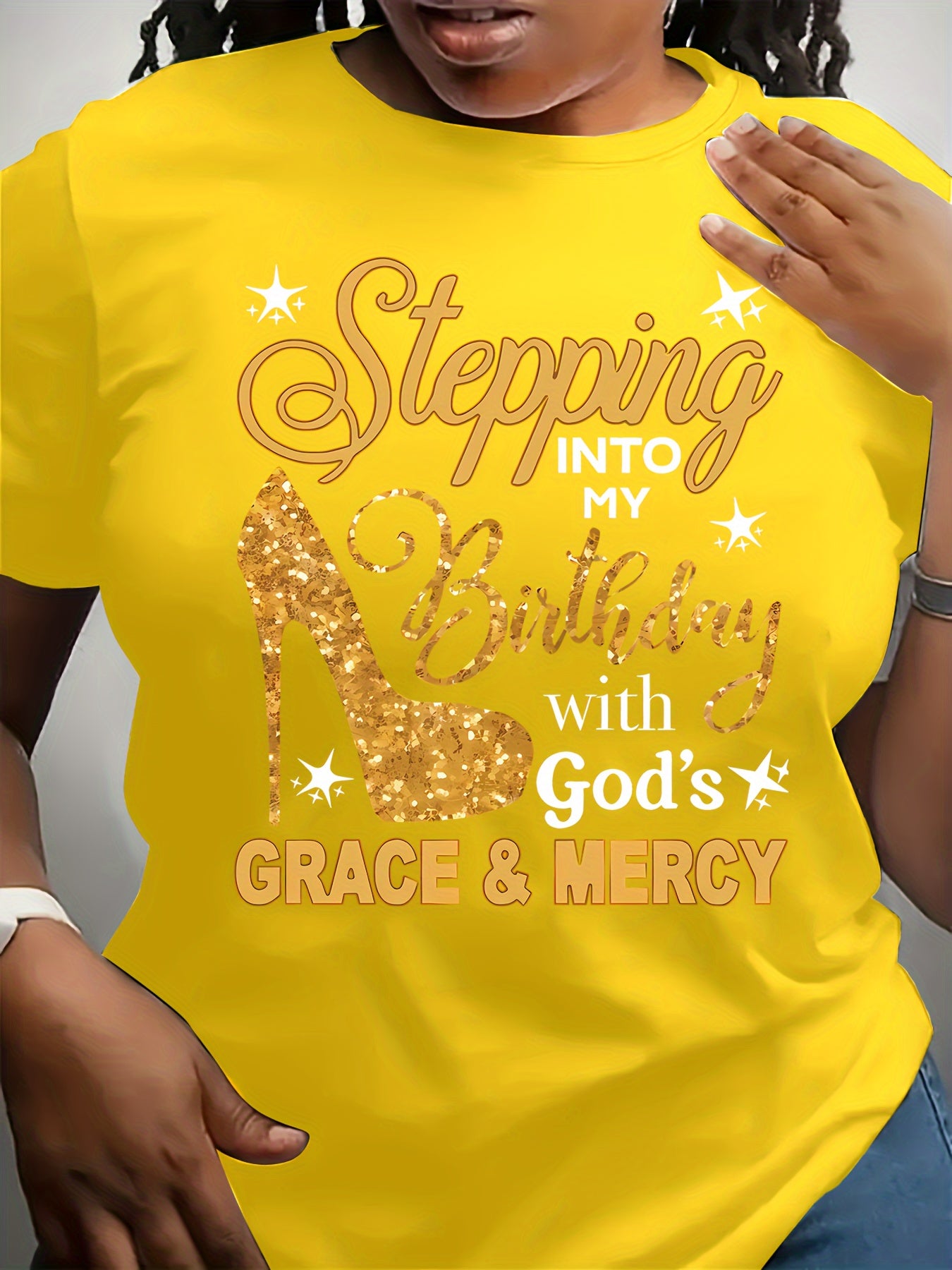 Plus Size, Plus-size Casual Fashion Printed T-shirt for Women, Trendy Lettering, High Heels, Base Layer, Daily Outing