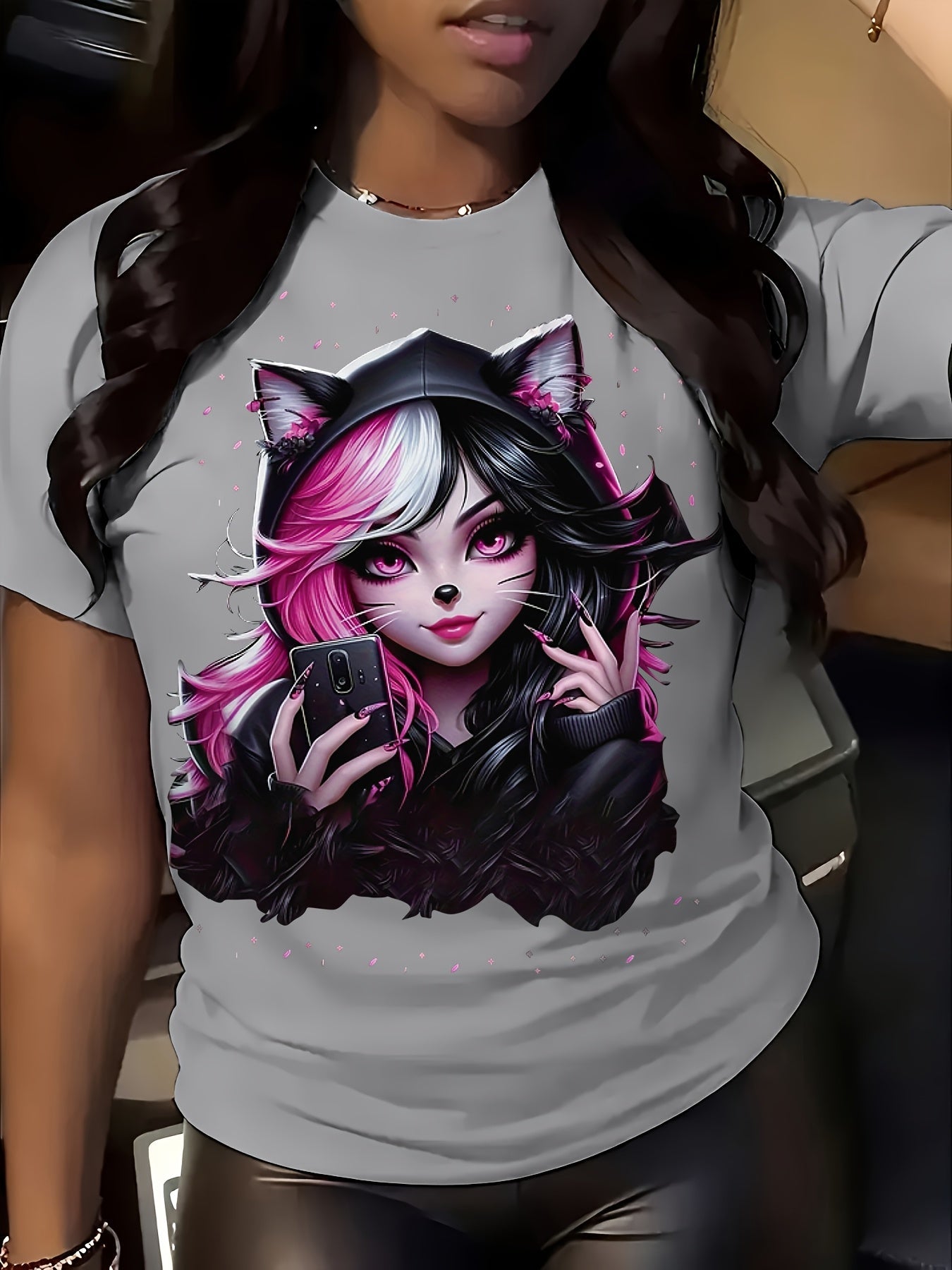 Women's Anime Cat Ear Graphic T-Shirt - Japanese Manga Print Short Sleeve Crew Neck Top, Soft Stretch Casual Summer & Spring Tee for Conventions, Themed Events & Casual Attire