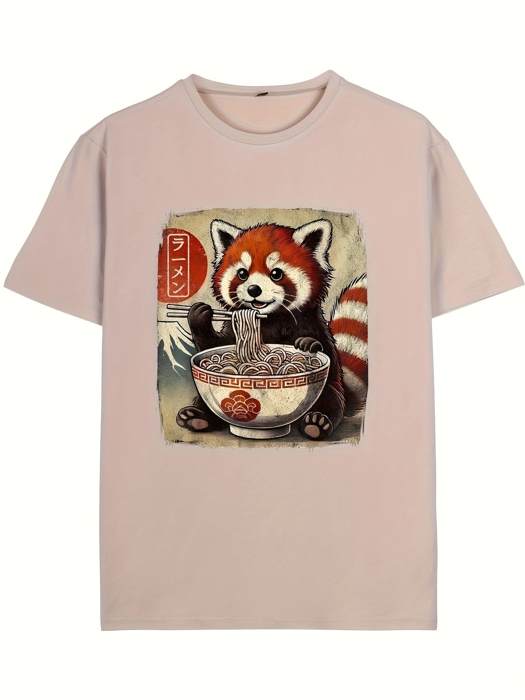 Men'S Funny Red Panda Eating Ramen Japanese Kawaii Anime Design T-Shirt - Black Casual Short Sleeve Crew Neck, Suitable for Outdoor Activities And Daily Wear