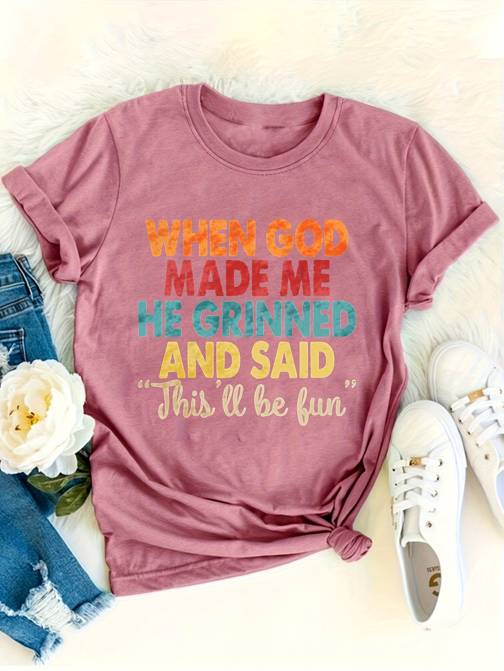 Funny Christian Shirts for Women When God Made Me He Grinned T Shirt Sarcastic Jesus Faith Religious Tops