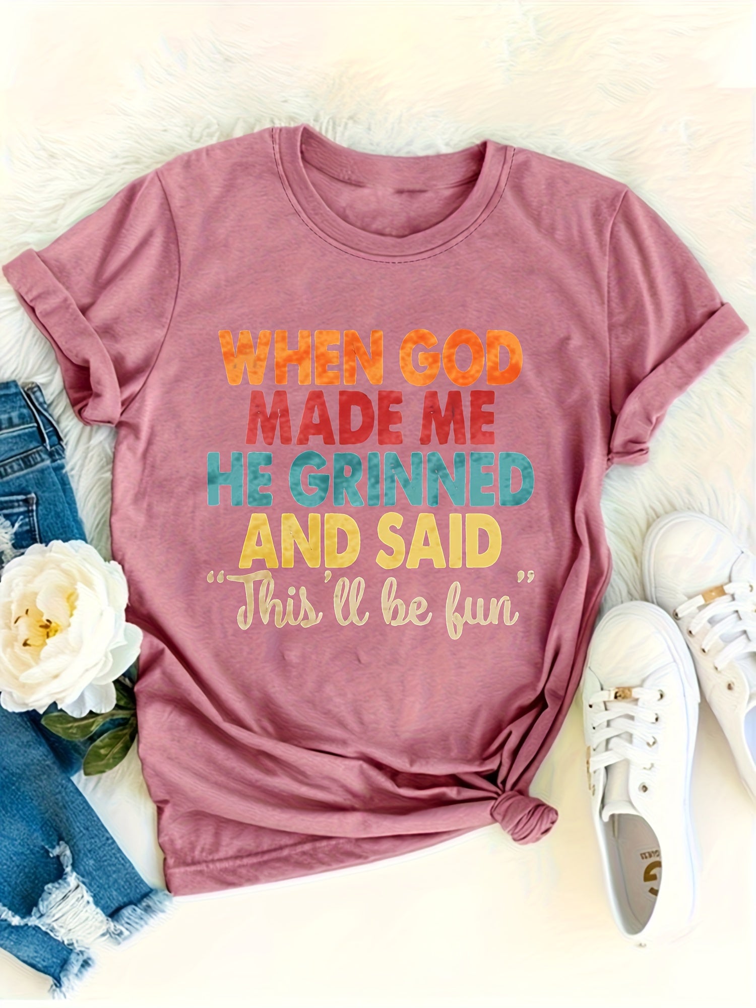 Funny Christian Shirts for Women When God Made Me He Grinned T Shirt Sarcastic Jesus Faith Religious Tops
