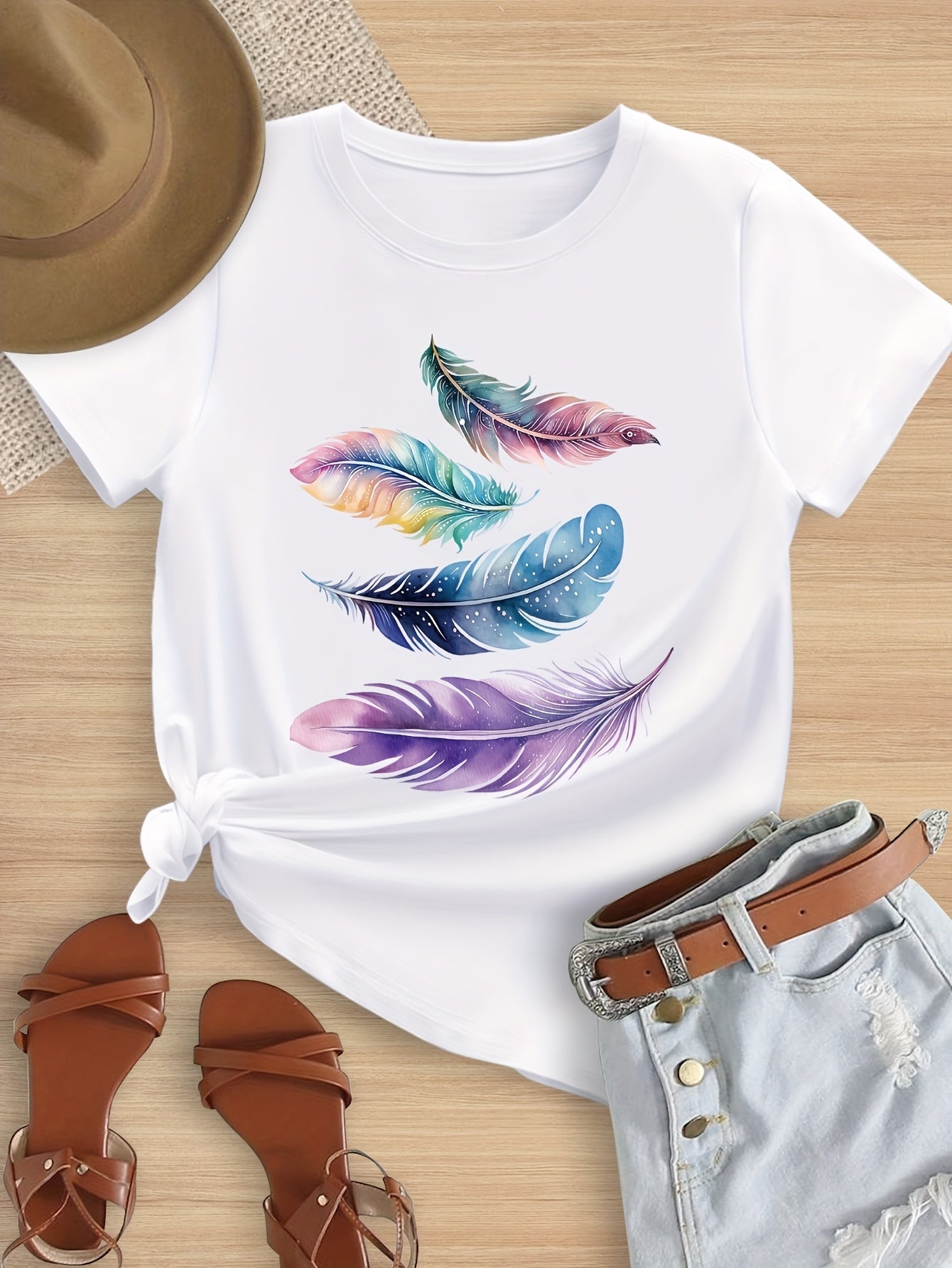 Girls' Summer Short Sleeve T-Shirt with Colorful Feather Print, Soft, Elastic And Comfortable Round Neck Short Sleeve Tee, Girls' Casual Outdoor Sports Summer Top, Suitable for Ages 7-14