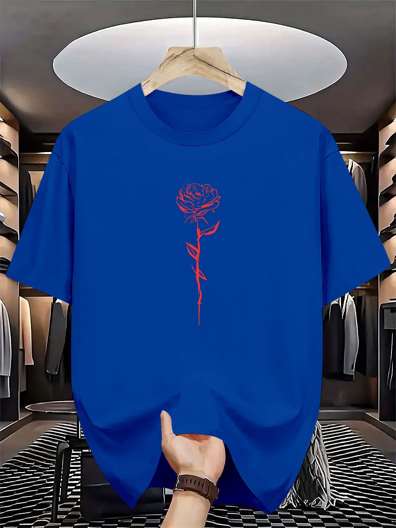 Men's Summer Short-Sleeve Round Neck T-Shirt - Casual & Sportswear Layering Base Shirt with Geometric Rose Print, Breathable for Hot Weather, Machine Washable Casual Outdoor Wear Suitable for Casual Outfits & Layering Pieces