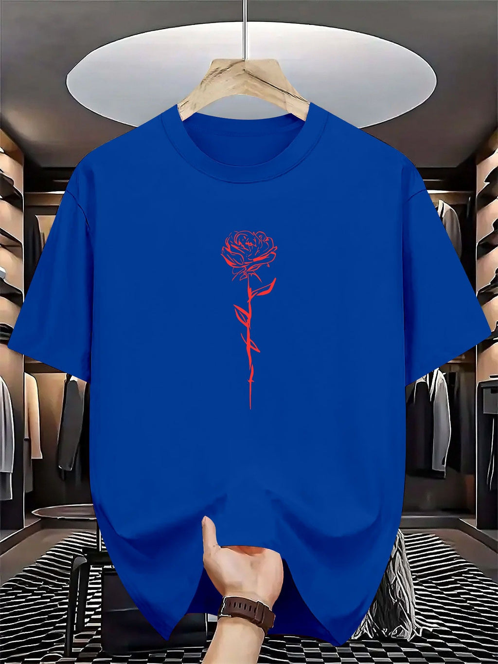 Men's Summer Short-Sleeve Round Neck T-Shirt - Casual & Sportswear Layering Base Shirt with Geometric Rose Print, Breathable for Hot Weather, Machine Washable Casual Outdoor Wear Suitable for Casual Outfits & Layering Pieces
