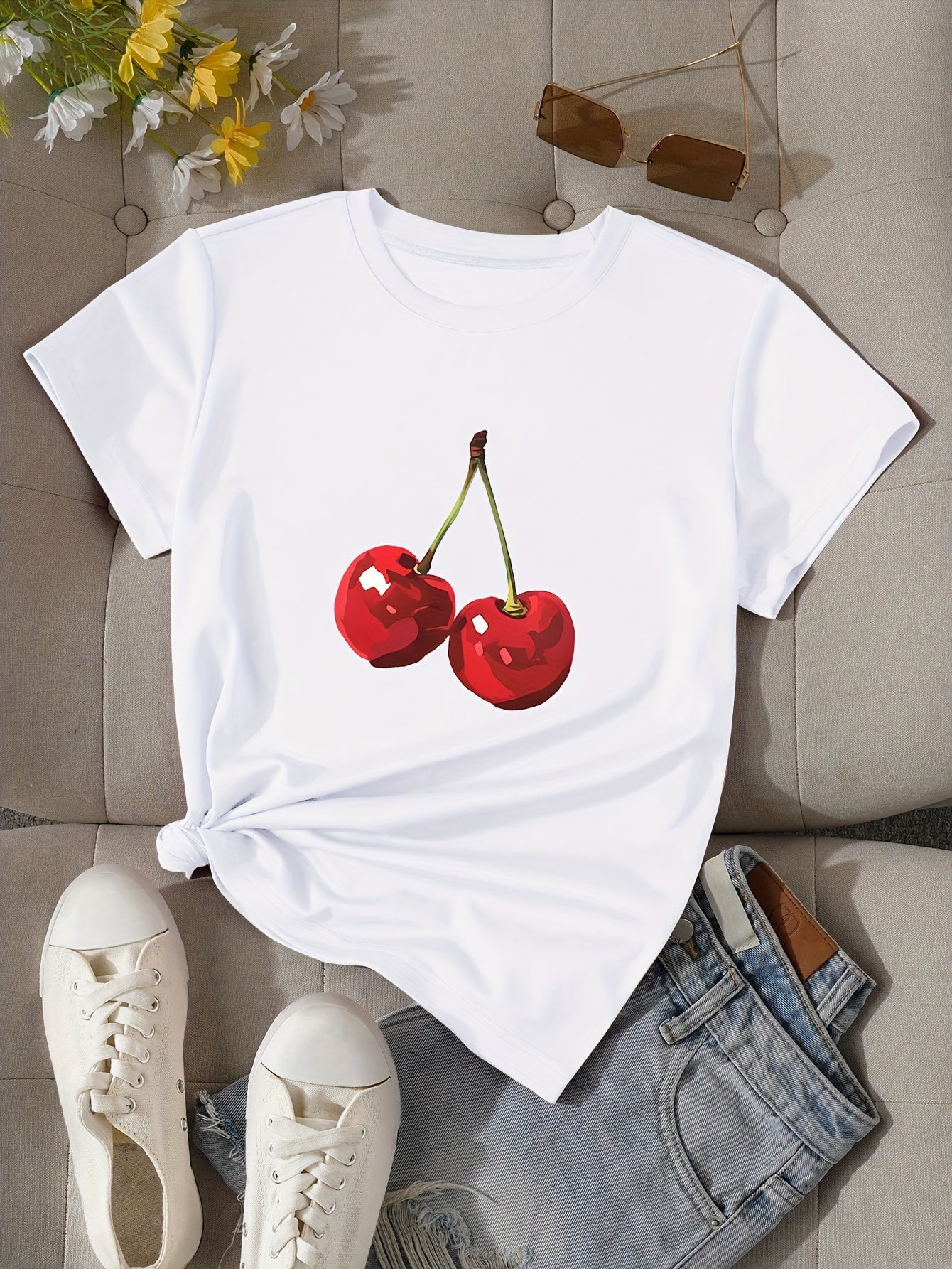 Cherry Print T-shirt, Short Sleeve Crew Neck Casual Top for Summer & Spring, Women's Clothing