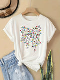 Women'S Short-Sleeve Top with a Round Neck Featuring a Stylish Print of Christmas Lights And Bows