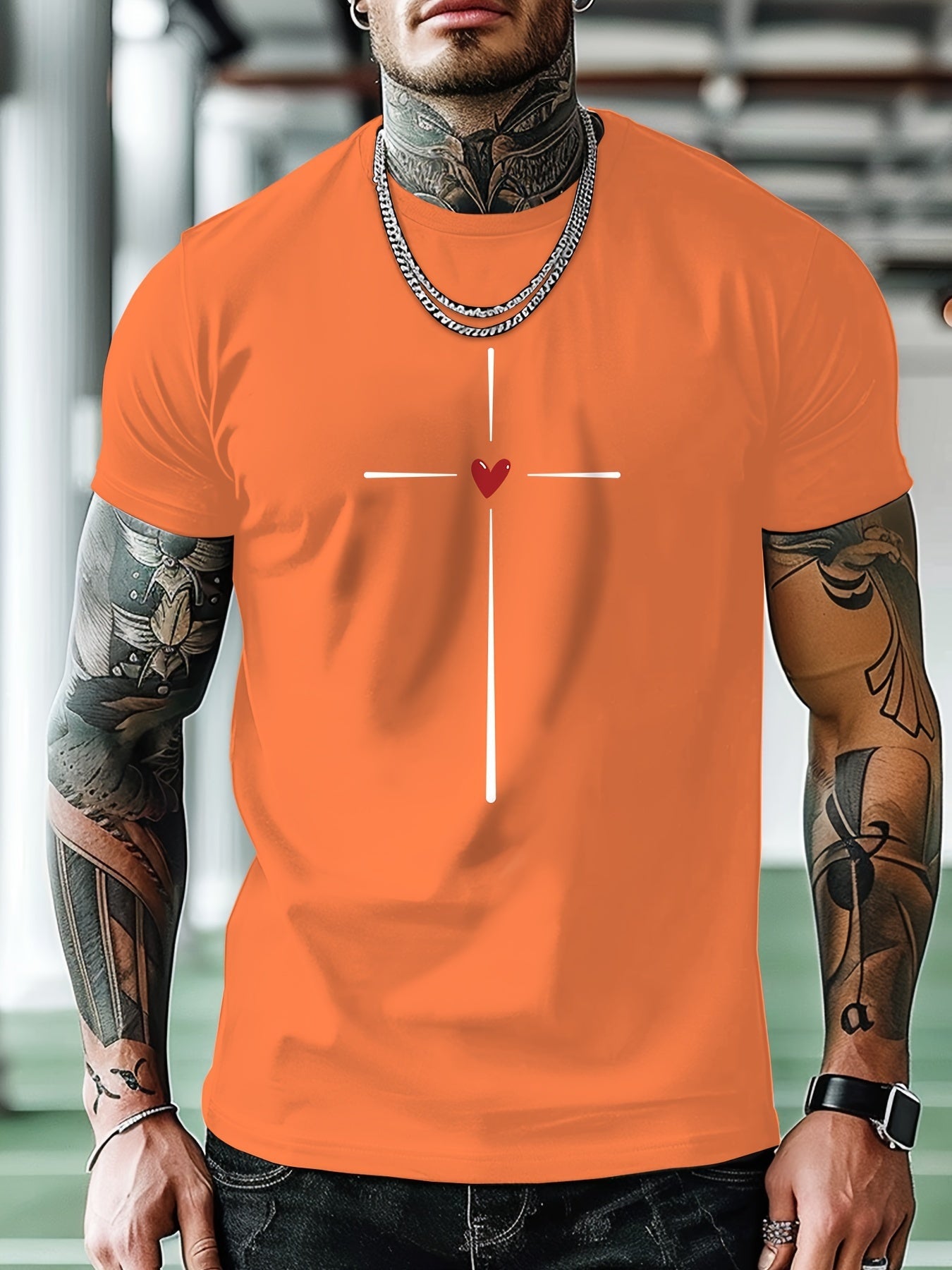 Men's Fashion Casual Cross Heart Line Print Regular Shoulder Short Sleeve T-Shirt, Comfortable and Versatile, All Seasons, Gift, Breathable, Sports