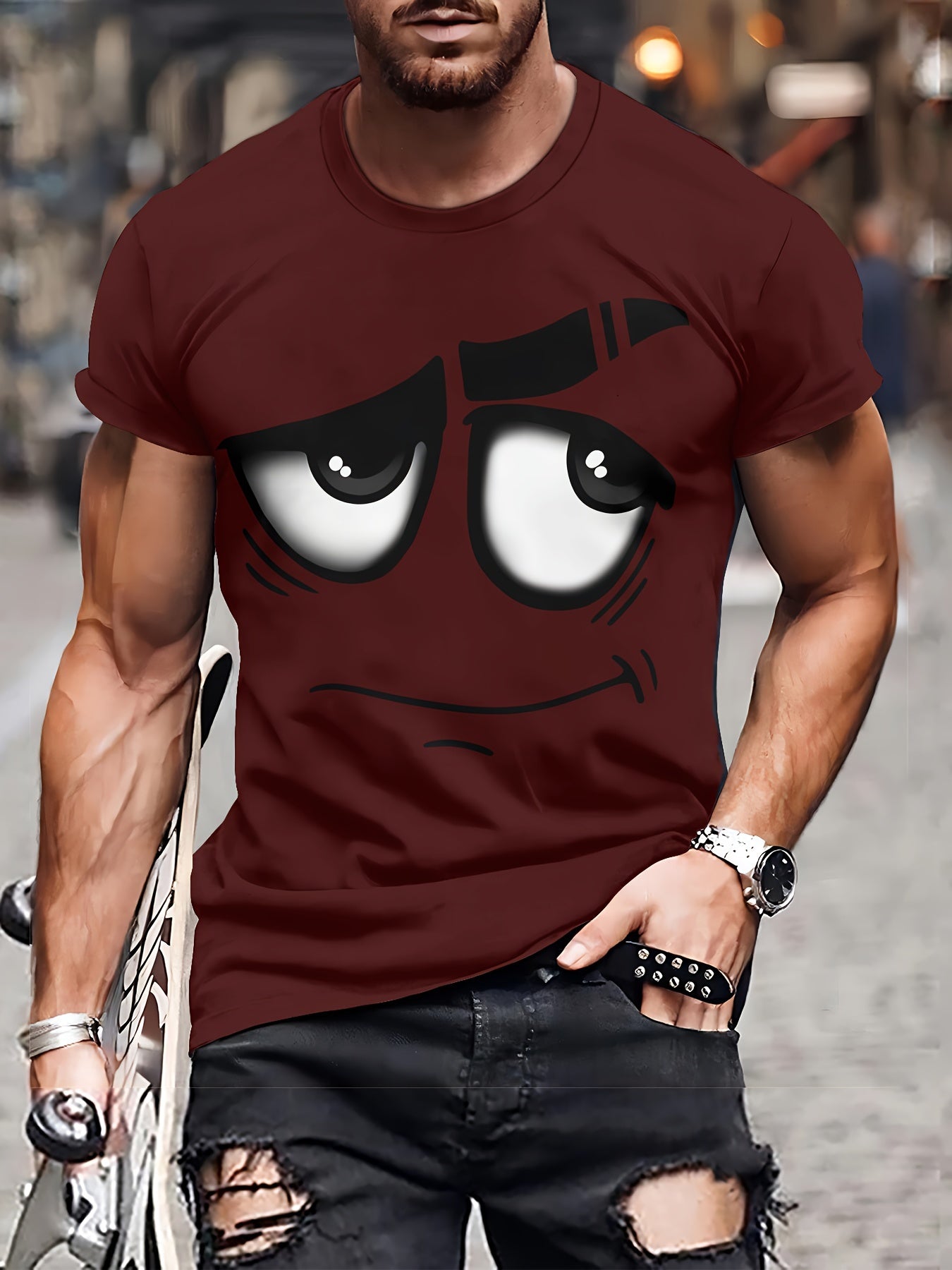 Men's 3D Novelty Graphic Tee - Casual Polyester Crew Neck T-Shirt, Machine Washable