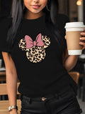 Women'S Casual Graphic Print T-Shirt - Short Sleeve Crew Neck, Leopard Print Bow Design, Lightweight Polyester, Perfect for Spring & Summer Outfits, Leopard Print Blouse