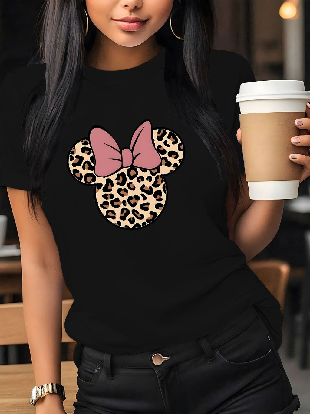Women'S Casual Graphic Print T-Shirt - Short Sleeve Crew Neck, Leopard Print Bow Design, Lightweight Polyester, Perfect for Spring & Summer Outfits, Leopard Print Blouse