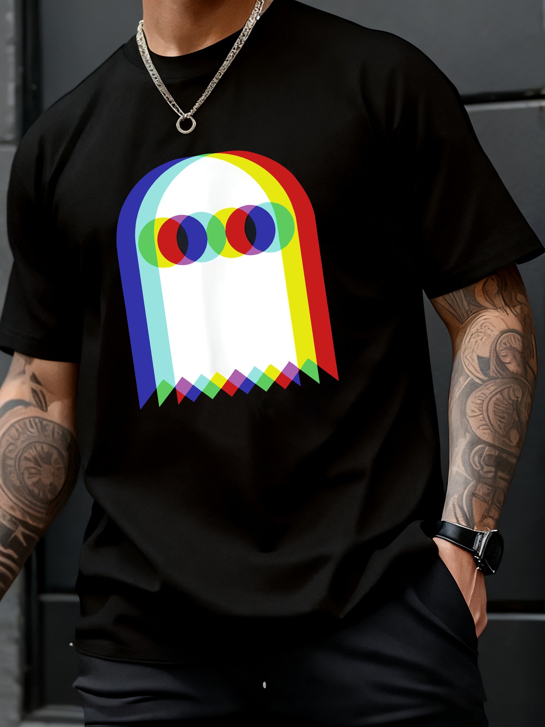 One Men's retro pixel print T-shirt, featuring a colorful spectrum print, breathable and comfortable fabric, crew neck, short sleeves, suitable for casual summer wear, Casual Attire, or outdoor activities.
