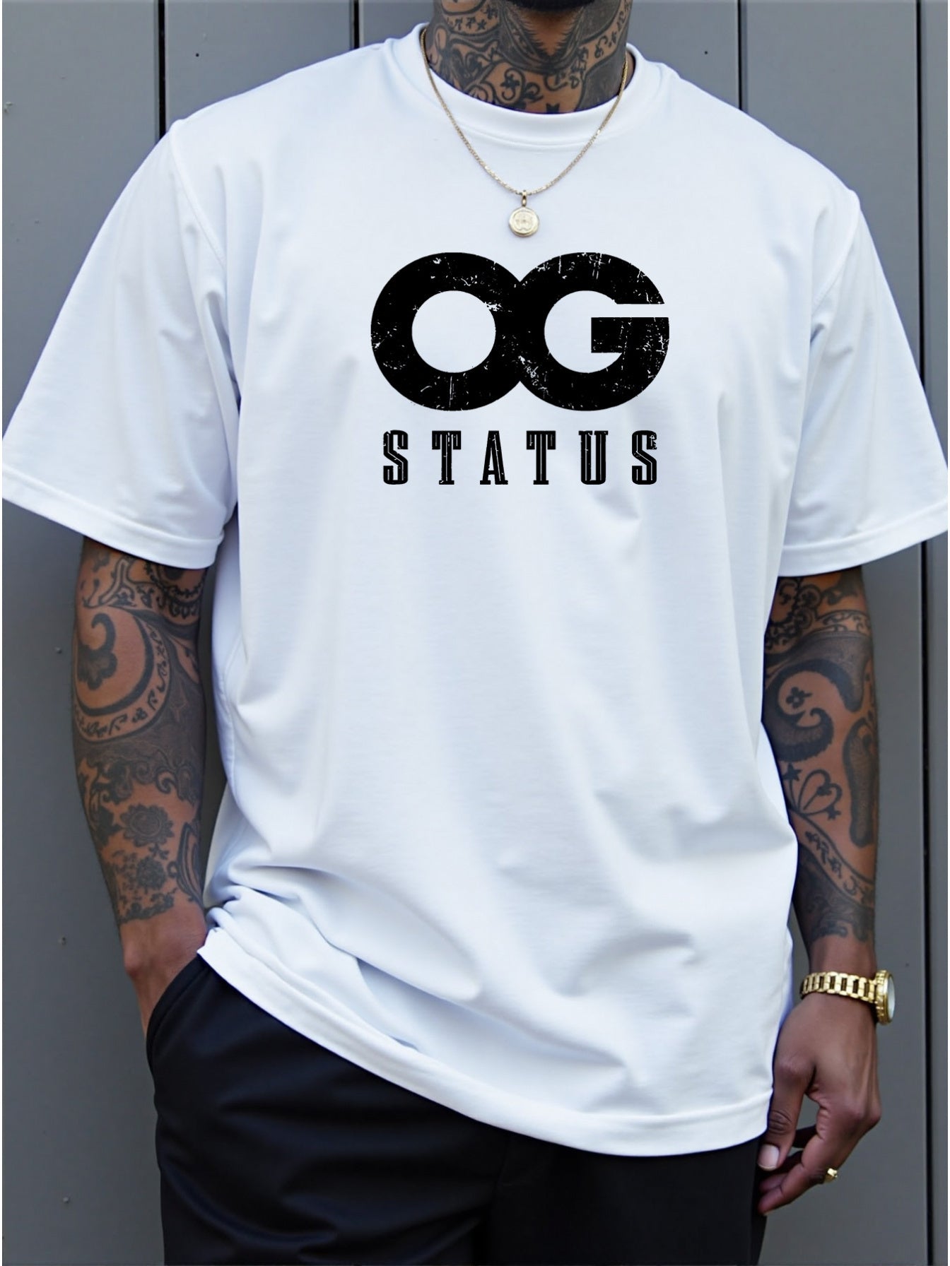 Men's Large 'OG Status' Graphic T-Shirt - Bold White OG Lettering Crew Neck Short Sleeve Shirt, Casual Summer Streetwear with Comfortable Fit & Machine Washable Suitable for Casual Attire, Gym, Lounge, PLUS SIZE