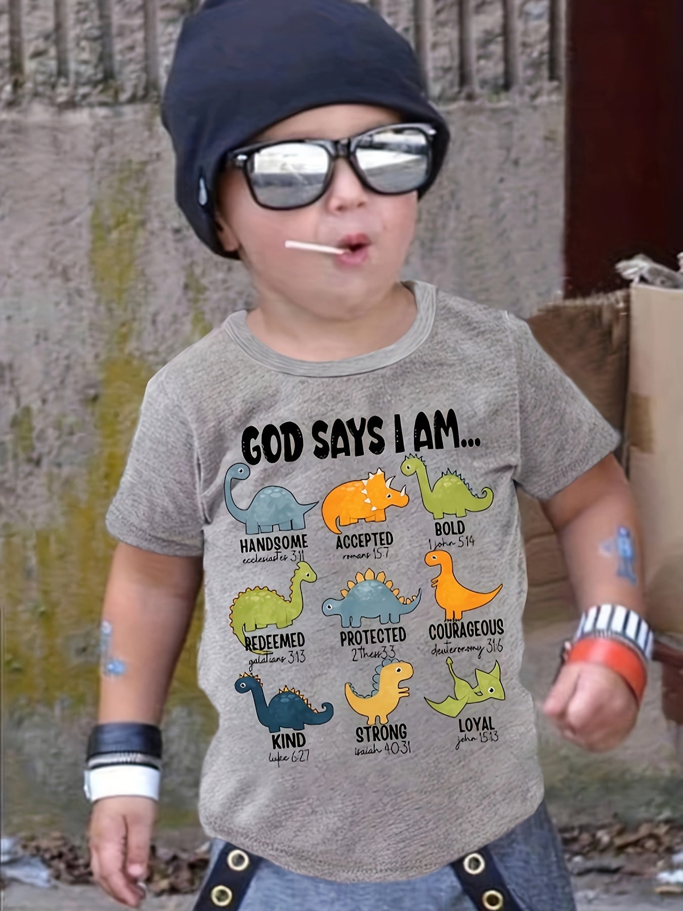 Summer Boys' Fashion Children's T-Shirt "God Says I Am..." Dinosaur Print Cute Short-Sleeve T-Shirt Versatile Casual Top