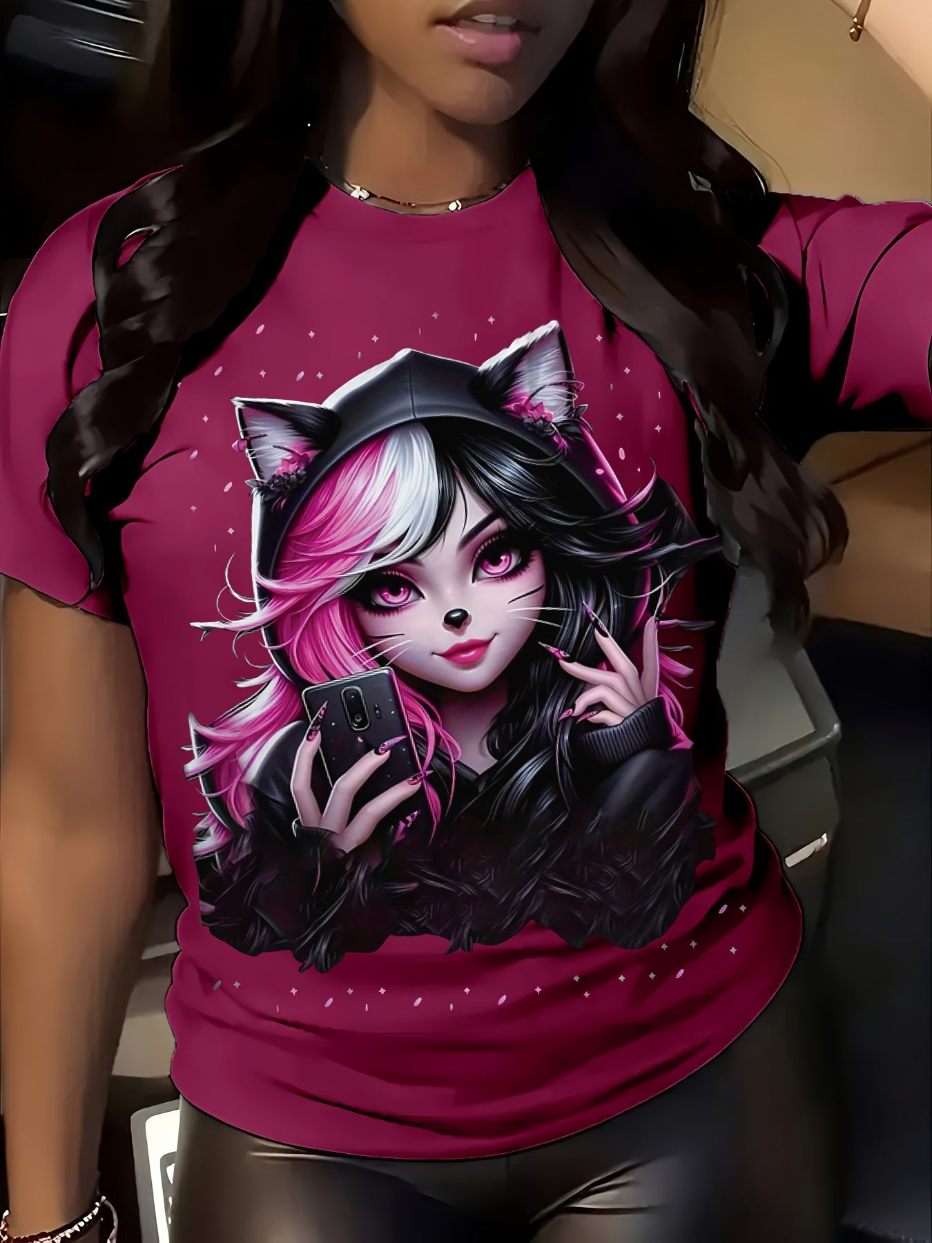 Women's Anime Cat Ear Graphic T-Shirt - Japanese Manga Print Short Sleeve Crew Neck Top, Soft Stretch Casual Summer & Spring Tee for Conventions, Themed Events & Casual Attire