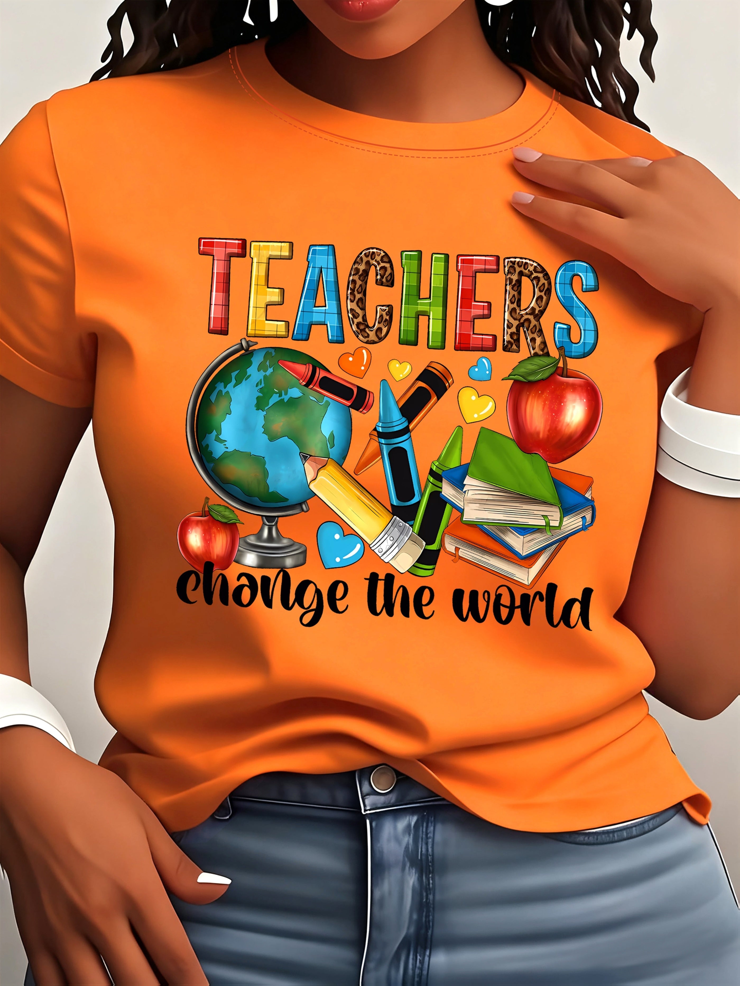 Teacher Print Crew Neck T-Shirt, Casual Short Sleeve T-Shirt for Spring & Summer, Women's Clothing
