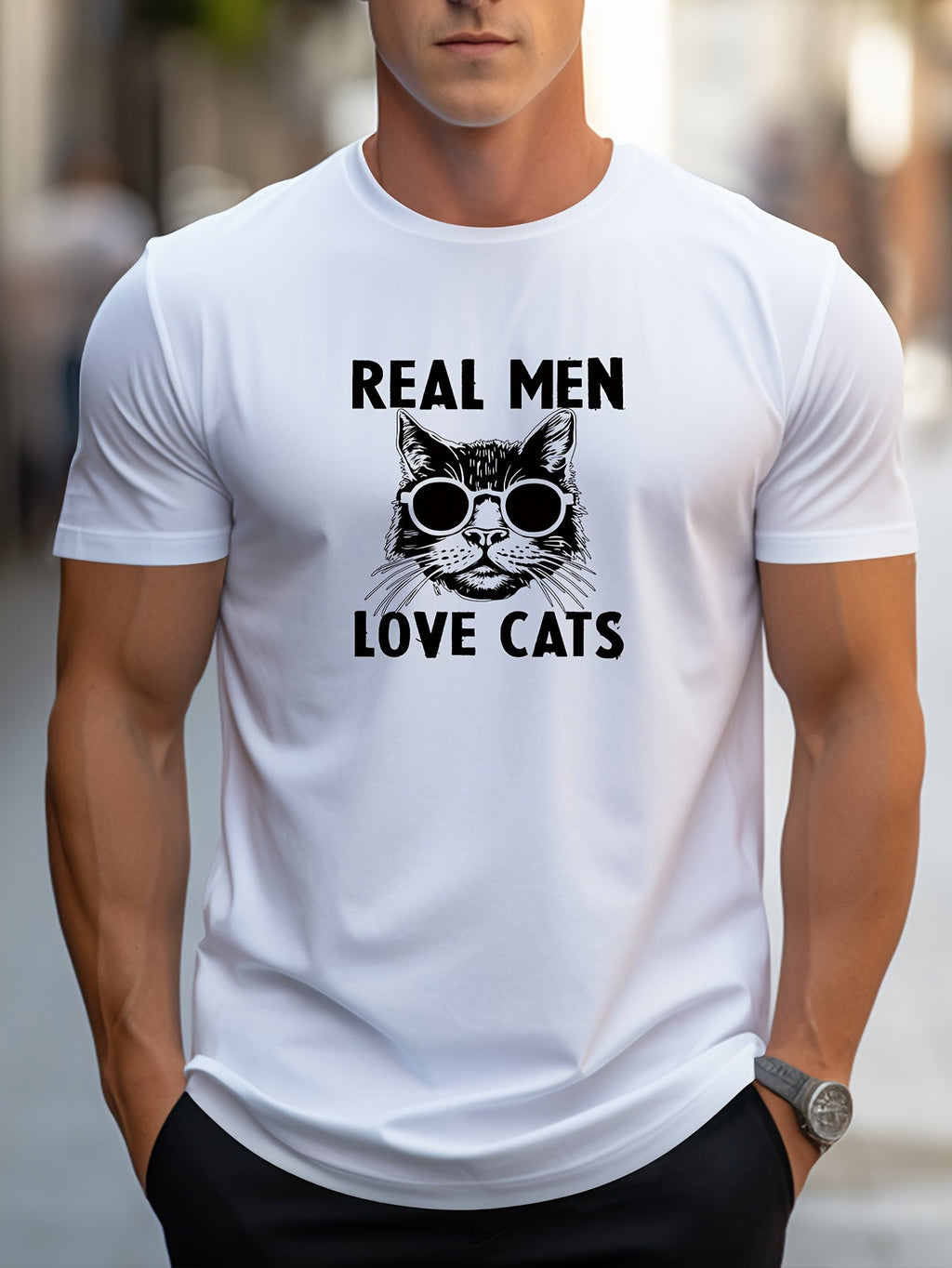 Men's Trendy Hand-Drawn Kitten Print Regular Shoulder T-Shirt